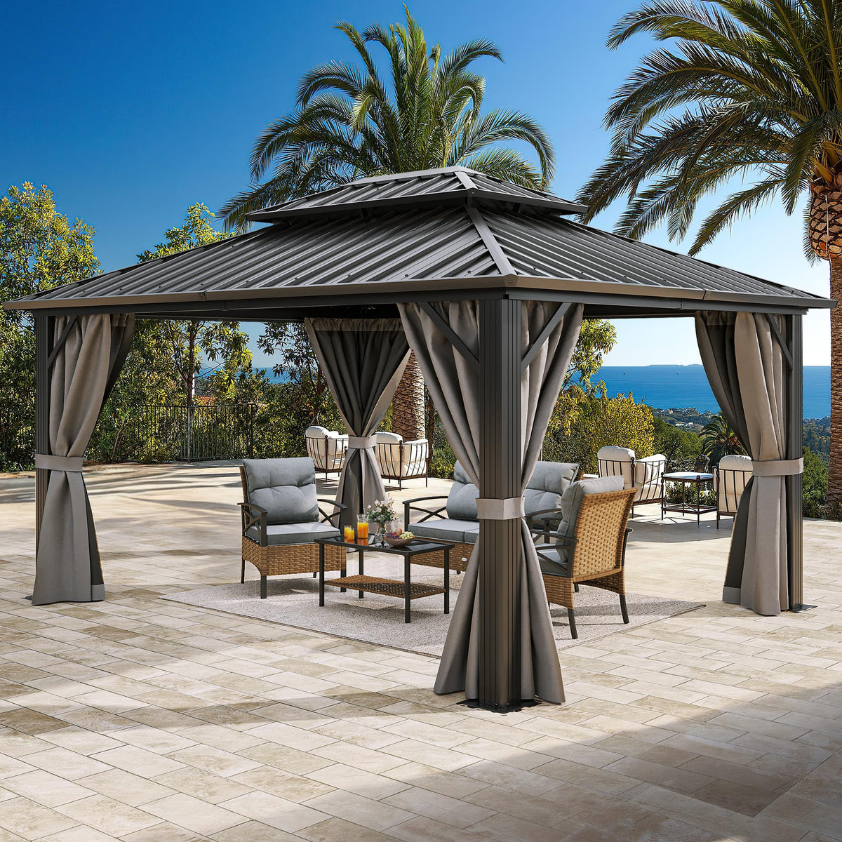 Yitahome 10X12Ft Hardtop Gazebo With Nettings And Curtains, Heavy Duty Double Roof Galvanized Steel Outdoor Combined Of Vertical