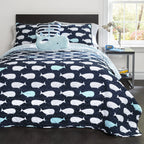 Lush Decor Whale Kids Reversible 4 Piece Quilt Bedding Set With Sham And Decorative Throw Pillows, Twin, Navy