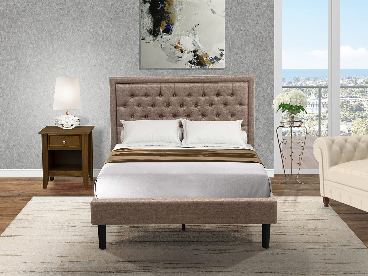 East West Furniture KD16F-1GA08 2 Piece Full Bed Set - 1 Modern Bed Frame Dark Khaki Linen Fabric Padded and Button Tufted Headboard with 1 Bedroom Nightstand - Antique Walnut Finish Nightstand