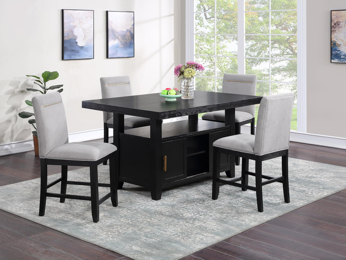 Steve Silver Furniture Yves Counter 6PC Counter Table Set, 64-78&quot; Table w/ 14&quot; Leaf, w/ 4 Upholstered Counter Chairs, Storage Base w/ 2 Sliding Doors/ 3 Shelves, 64&quot; L x 42&quot; W x 36&quot; H, Black, Gray