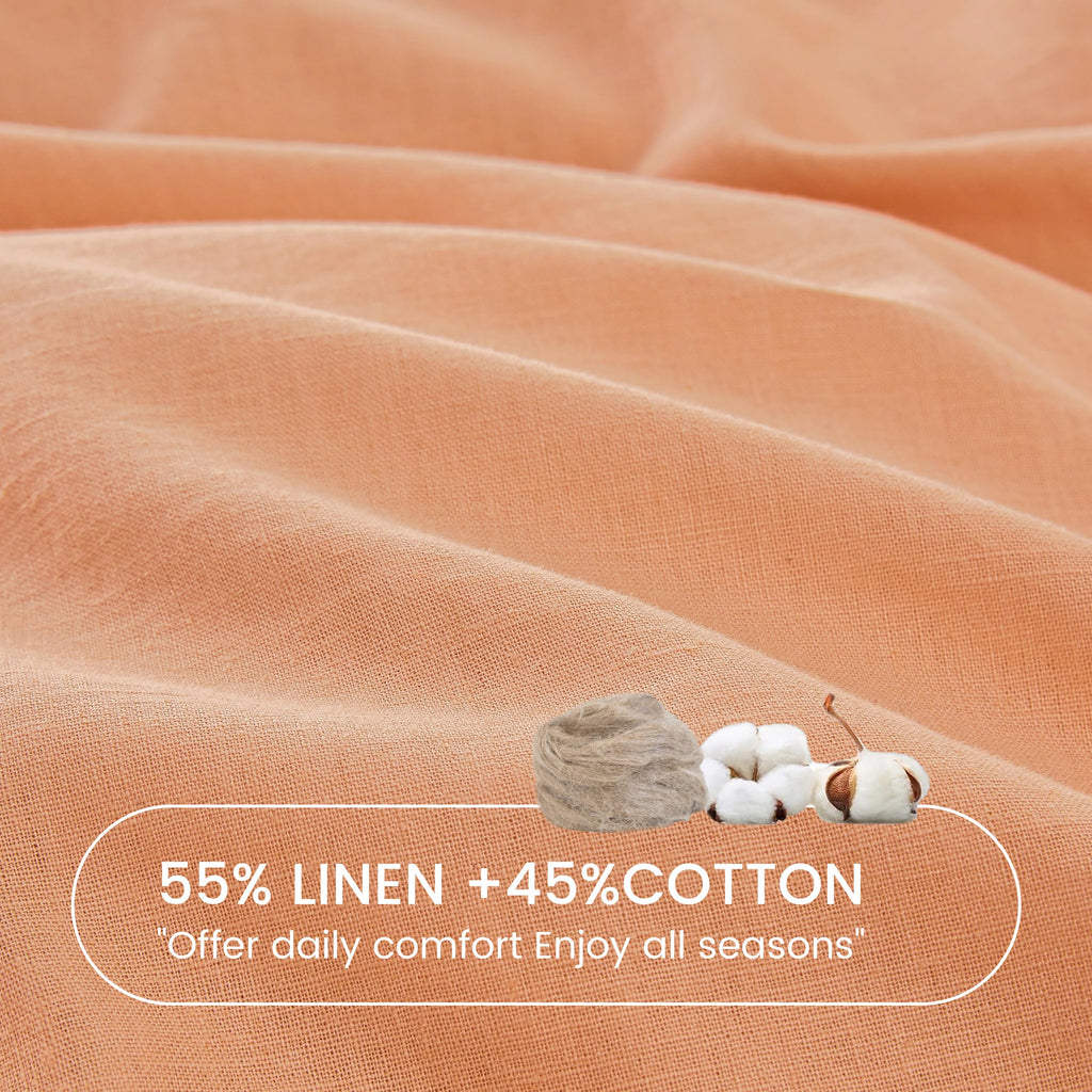 Simple&Opulence Linen Fitted Sheet (1 Piece) - 14 Inch Deep Pocket Mattress Cover Natural Flax Cotton Blended Soft Breathable Bedding - Peach, Full Size