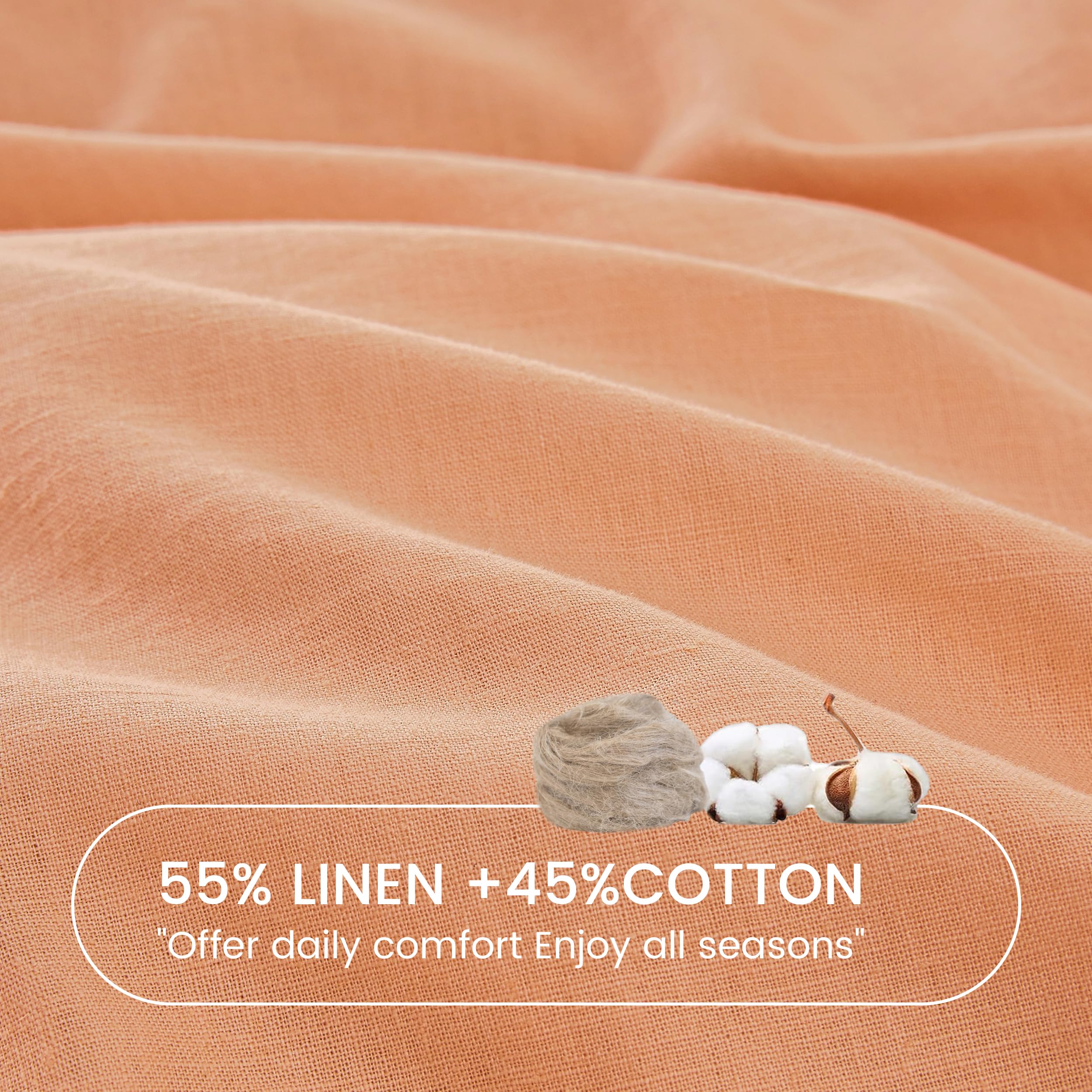 Simple&Opulence Linen Fitted Sheet (1 Piece) - 14 Inch Deep Pocket Mattress Cover Natural Flax Cotton Blended Soft Breathable Bedding - Peach, Full Size