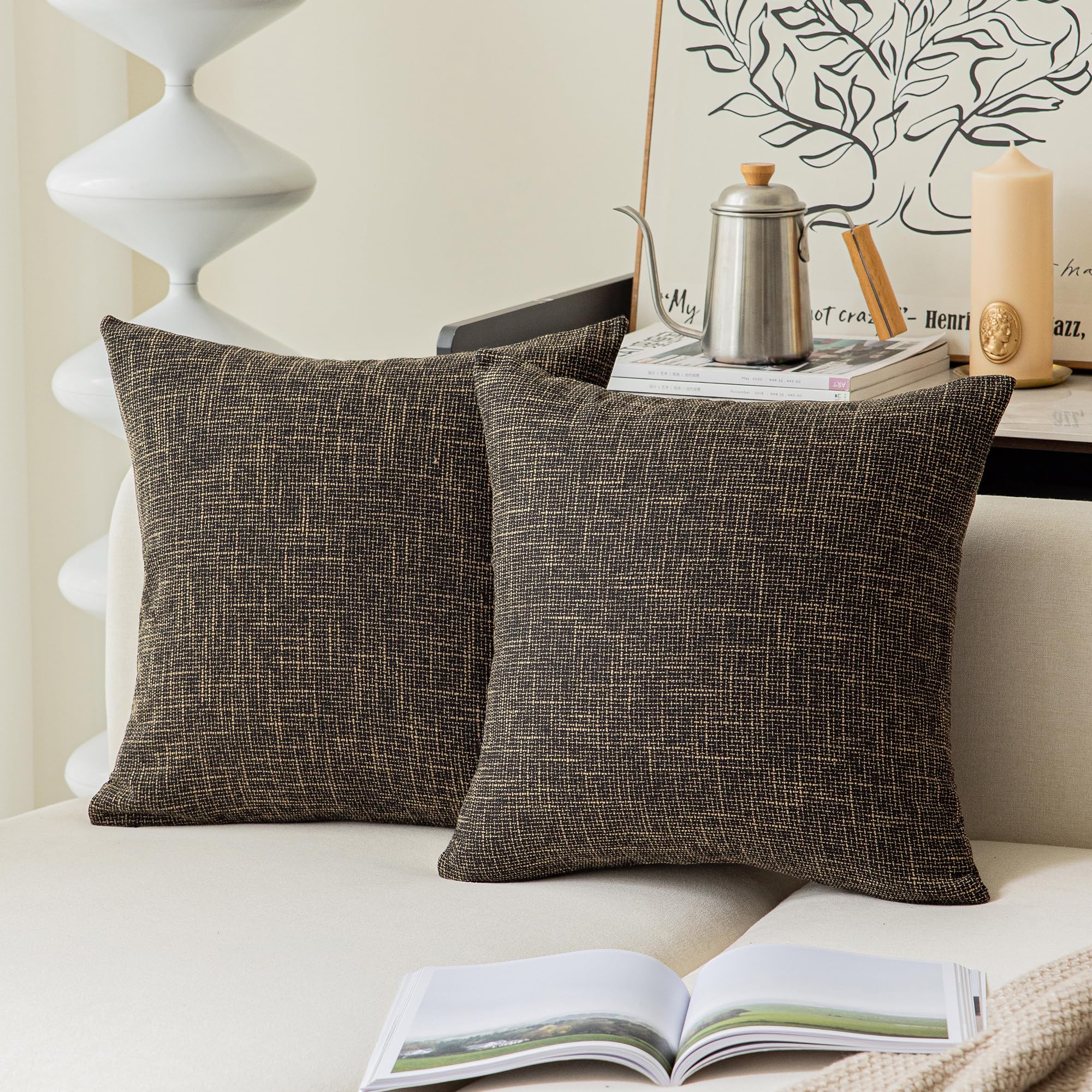 Kevin Textile 2 Packs Throw Pillow Cases Textural Faux Linen Decor Star Cushion Cover For Living Room, 26X26 Inches, Black Gold