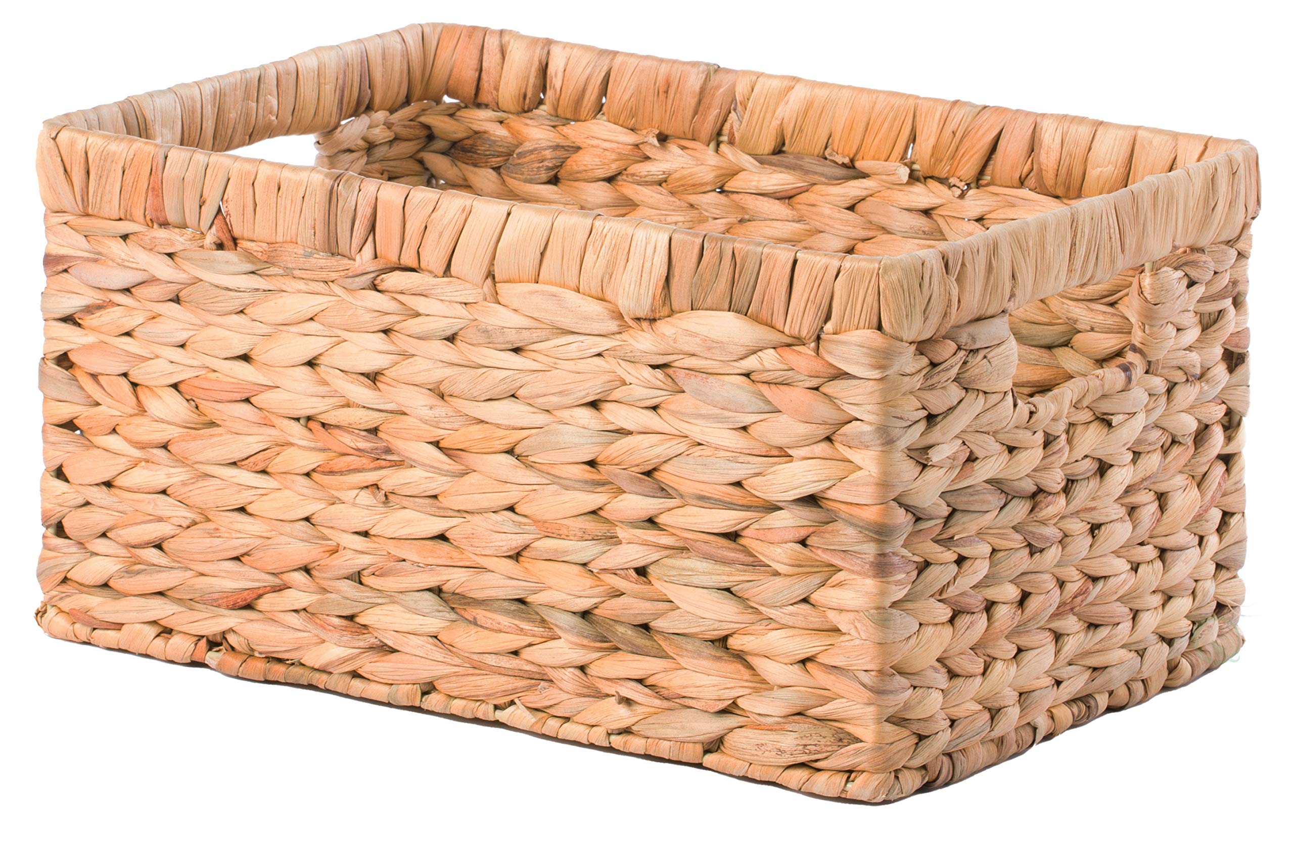 Natural Woven Water Hyacinth Wicker Rectangular Storage Bin Basket With Handles, Medium
