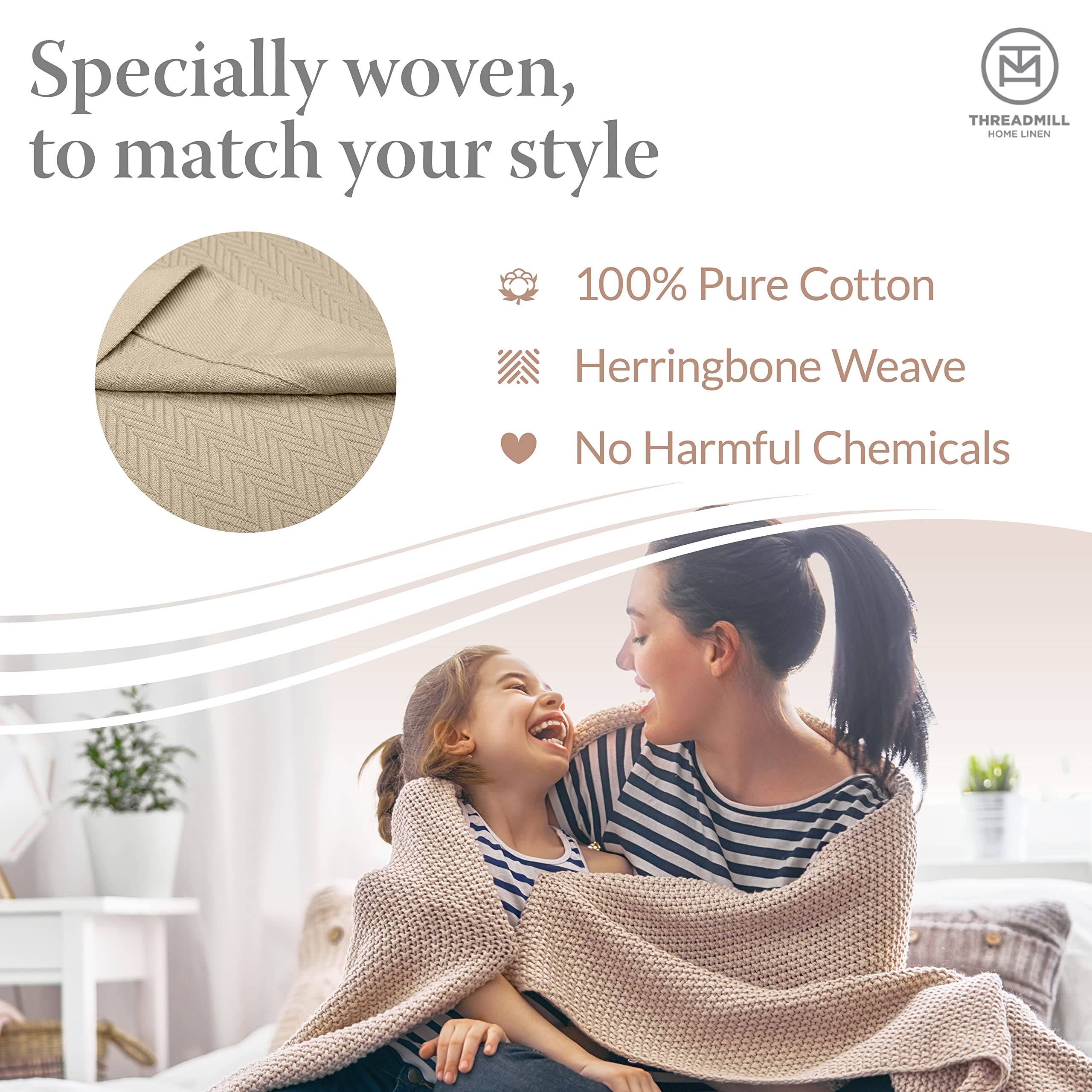 Threadmill Luxury Cotton Blankets For King Size Bed | All-Season Cozy 100% Cotton King Size Blanket | Herringbone Soft & Lightwe