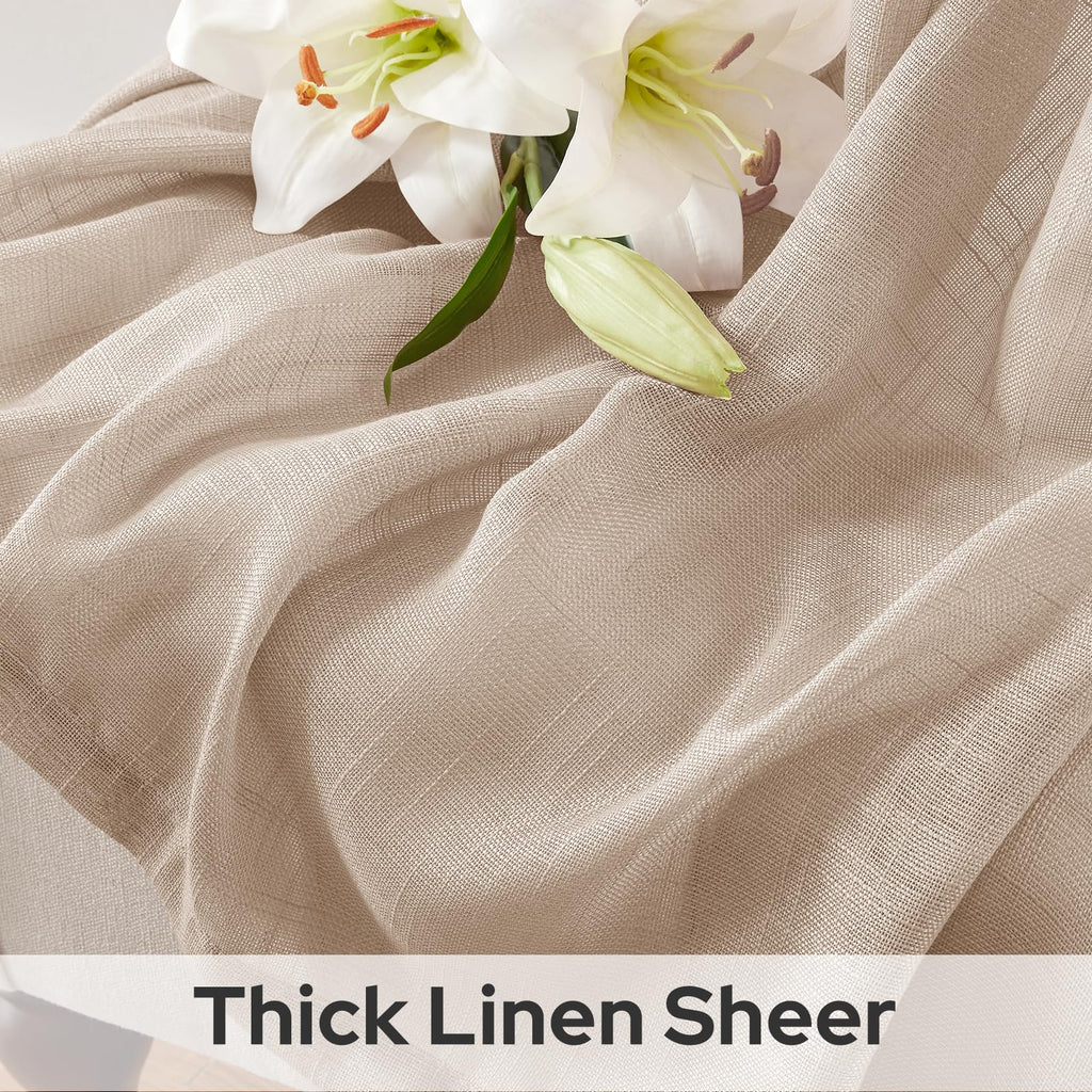 Homeideas Beige Linen Sheer Curtains 84 Inches Long 2 Panels Textured Taupe Semi Sheer Curtains Farmhouse Sheer Privacy Window C