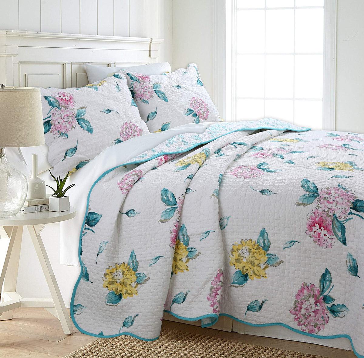 Cozy Line Home Fashions 100% Cotton Turquoise Blue Floral Hydrangea Garden Leaf Reversible Quilt Bedding Set, Coverlet, Bedsprea