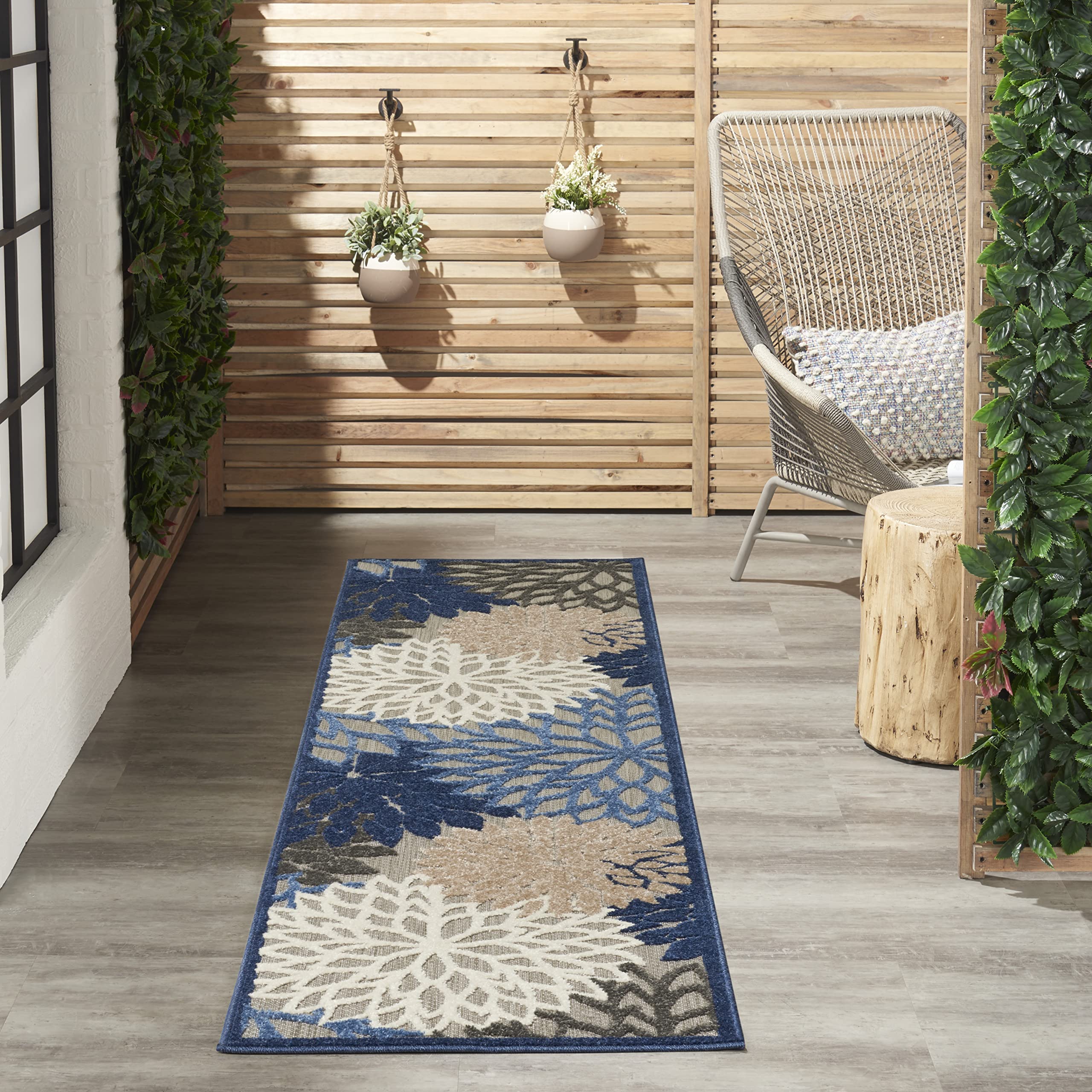 Nourison Aloha Indoor/Outdoor Blue/Multicolor 2'3' X 10' Area Rug, Tropical, Botanical, Easy Cleaning, Non Shedding, Bed Room,