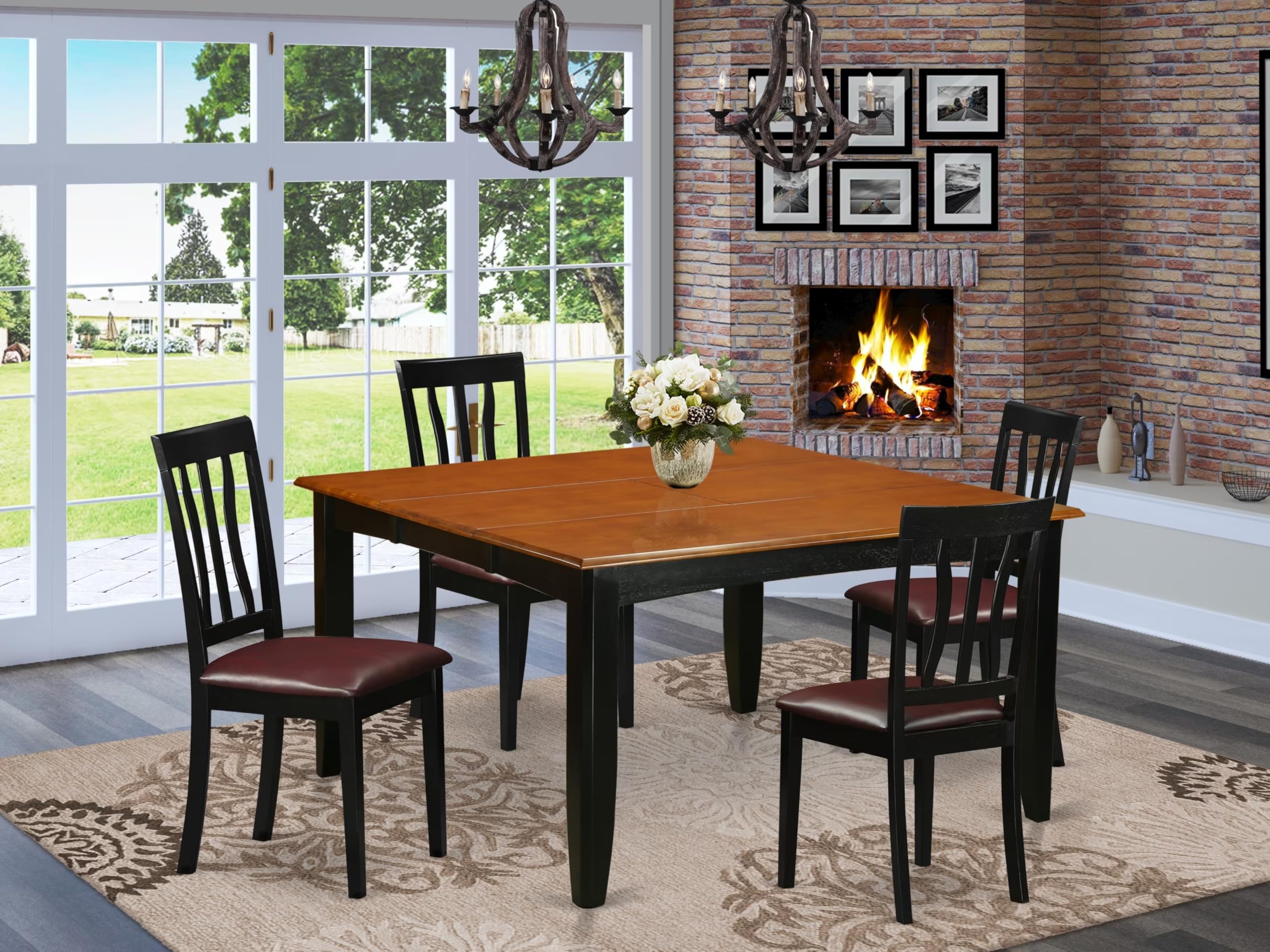 East West Furniture PFAN5-BCH-LC 5 Piece Modern Dining Table Set Includes a Square Wooden Table with Butterfly Leaf and 4 Faux Leather Upholstered Dining Chairs, 54x54 Inch, Black & Cherry