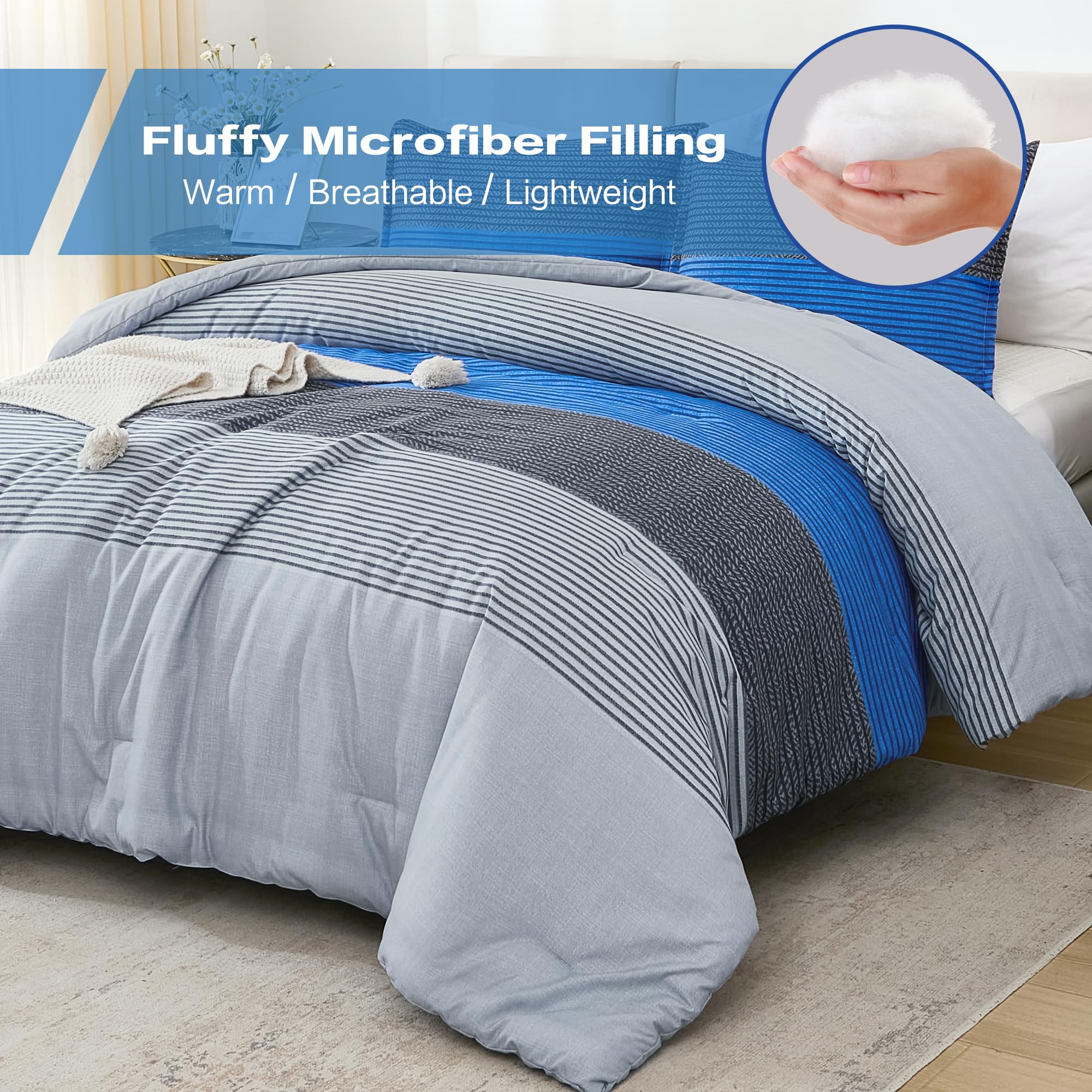 Litanika Blue Grey Bed Comforter Twin Set, Xl Twin Comforter Boys Men Striped Bedding Comforter Set, 2 Pieces Lightweight Soft A