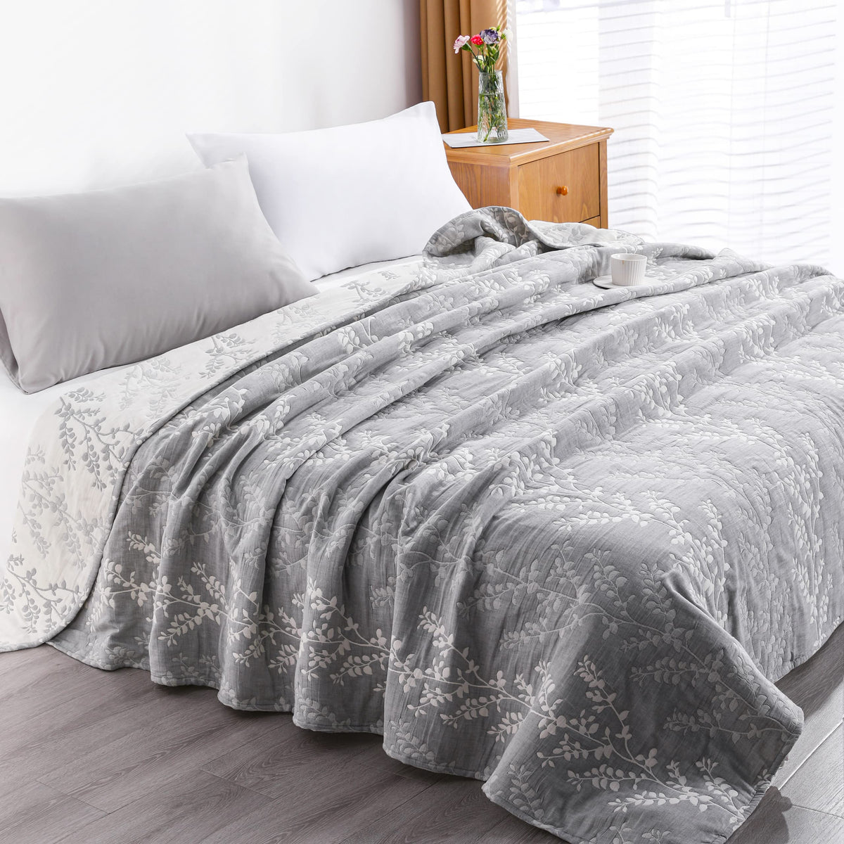 Ntbay 3 Layers Cotton Muslin 88X92 Queeen Bed Blanket, Super Soft Breathable Thermal Yarn Dyed Quilt For Adults, Perfect Lightwe