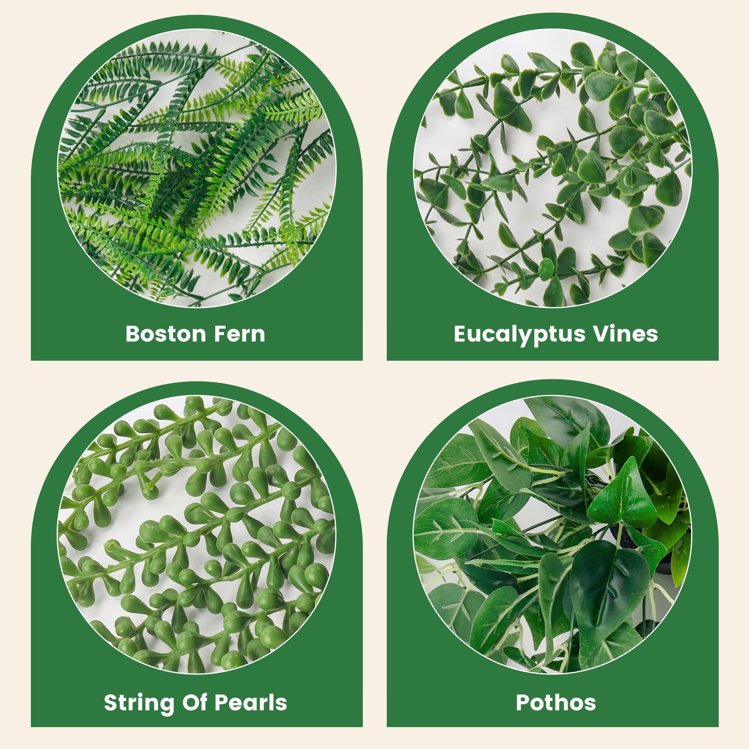 Der Rose 4 Pack Fake Plants Hanging With Pots Artificial Ivy Vine Faux Eucalyptus Hanging Plants, Boston Fern, String Of Pearls