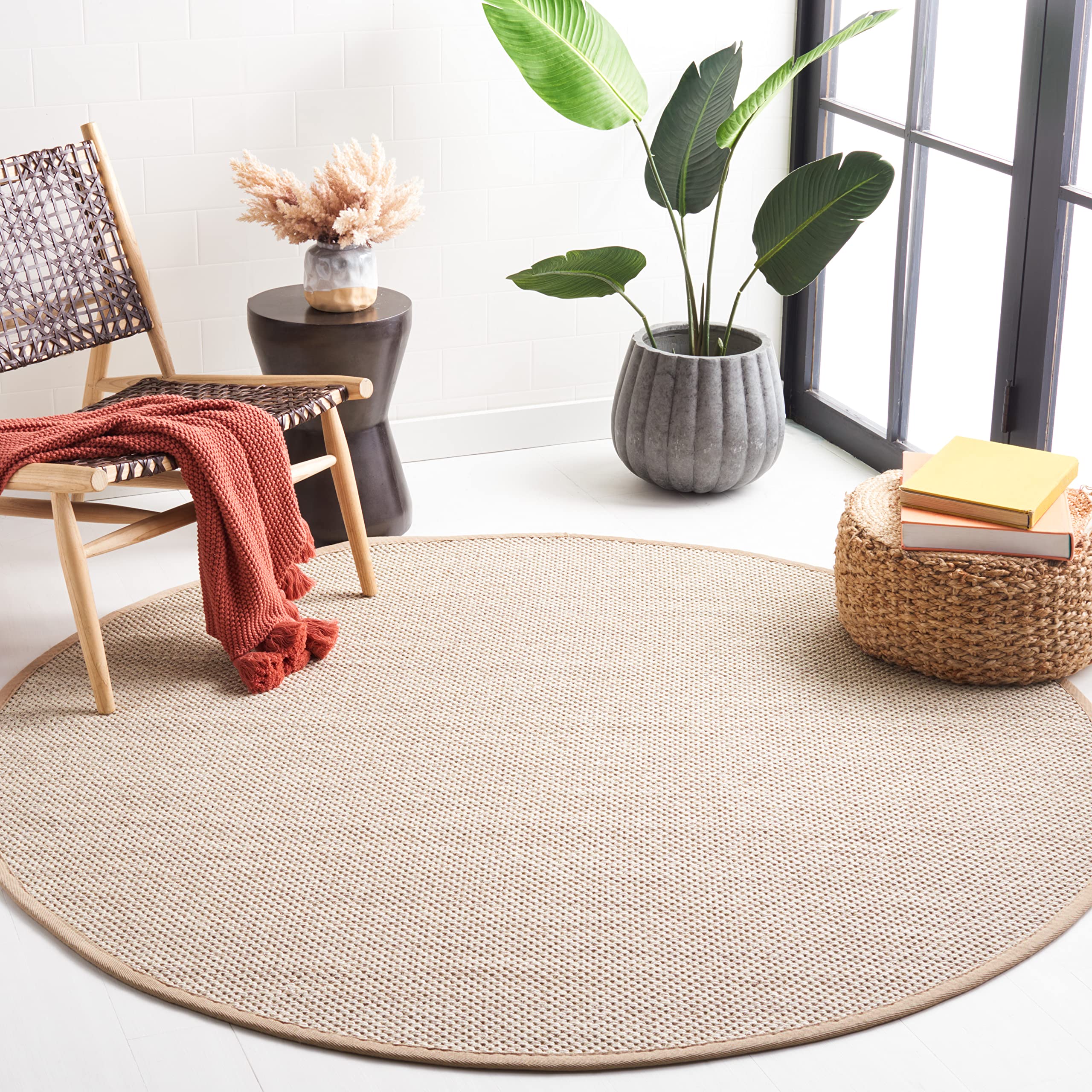SAFAVIEH Natural Fiber Collection 8 Round Marble / Linen NF143B Border Sisal Area Rug