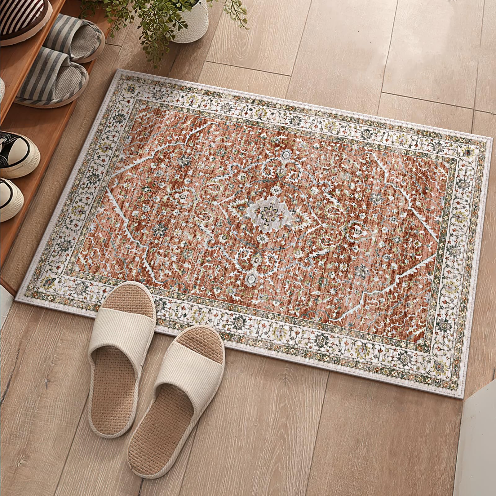 Deerly Washable Rug Small Area Rug 2x3 for Entryway Kitchen Rug - Soft Rugs Boho Low Pile Non-Slip Rubber Backing Throw Rug Ori