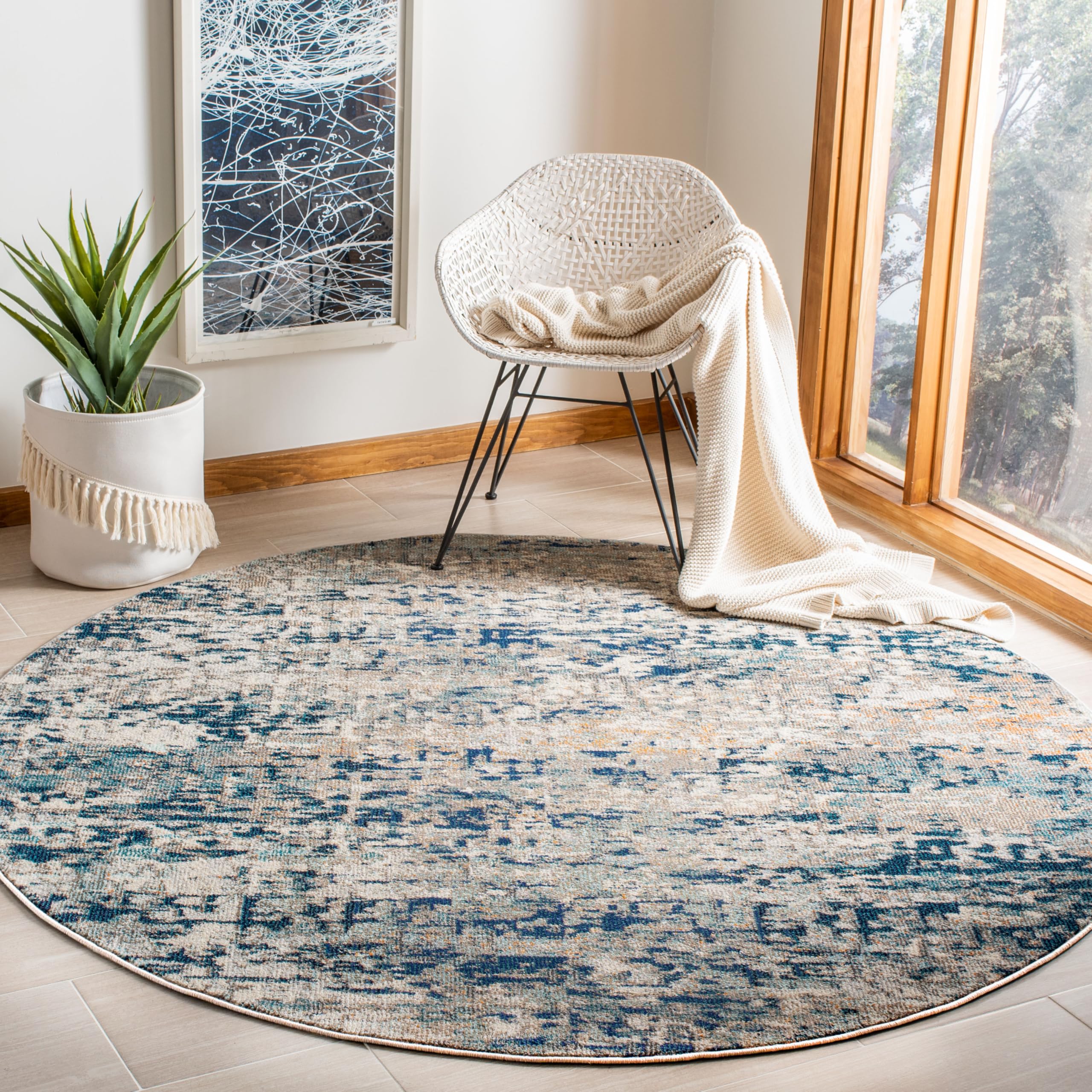 SAFAVIEH Madison Collection Area Rug - 8 Round, Grey & Blue, Modern Abstract Design, Non-Shedding & Easy Care, Ideal for High T