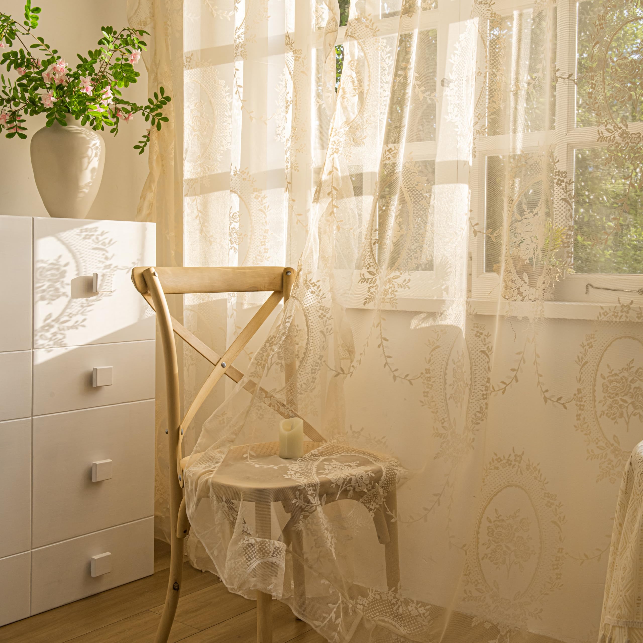 Sutuo Home Beige Lace Curtains 96 Inches Long 2 Set, Sheer Panels Rose Floral Embroidery Vintage Voile Window Treatment Pair For