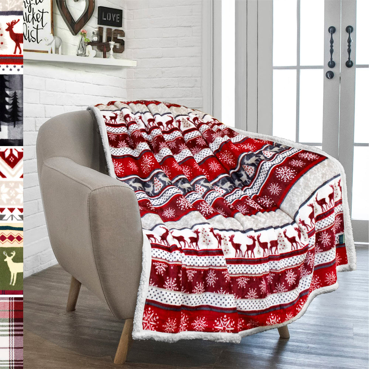Pavilia Premium Christmas Sherpa Throw Blanket | Christmas Decoration Reindeers, Fleece, Plush, Warm, Cozy Reversible Microfiber