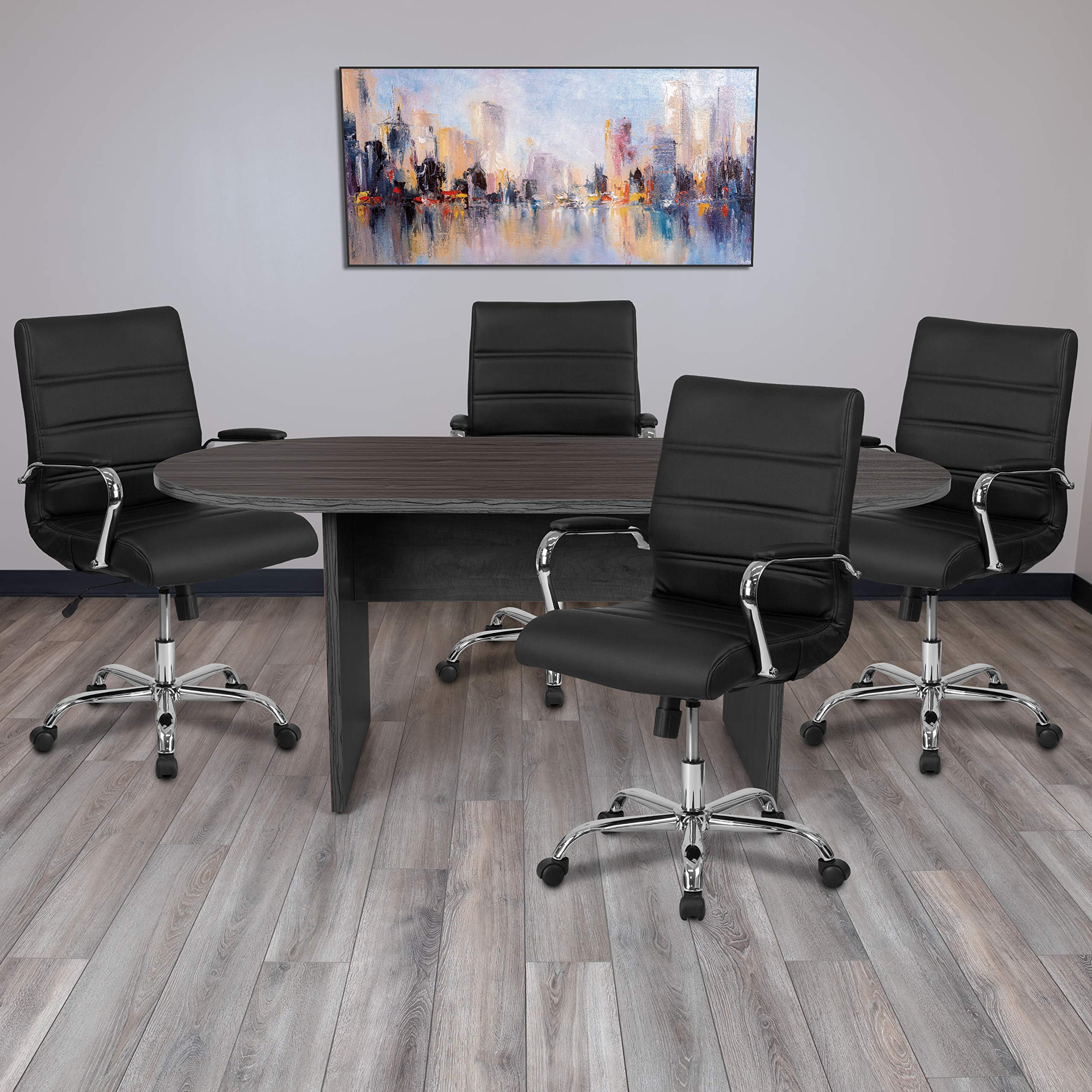 Flash Furniture 5 Piece Rustic Gray Oval Conference Table Set With 4 Black And Chrome Leathersoft Executive Chairs