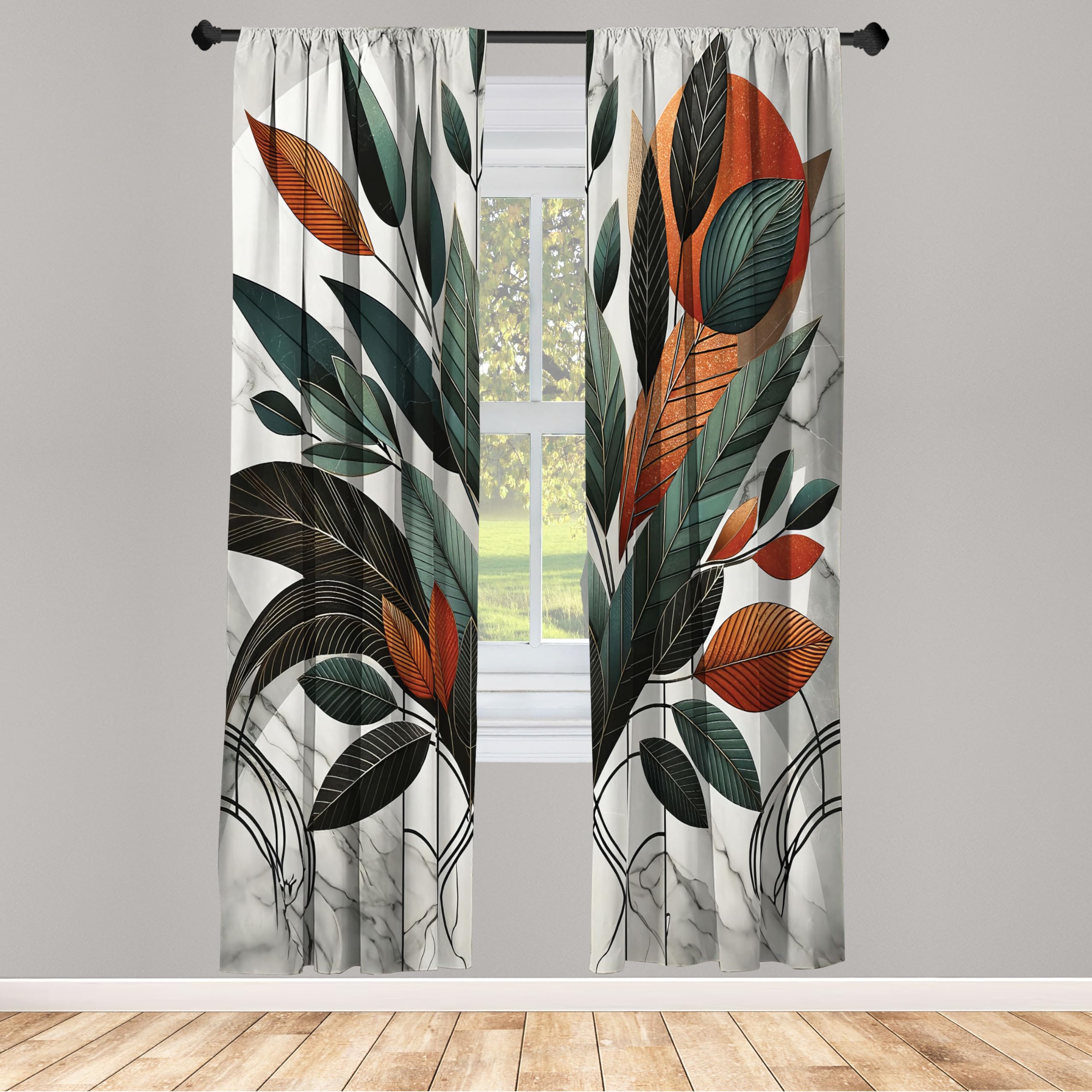 Ambesonne Boho Window Curtains, Mid Century Modern Exotics Leaves And Roundy Line Details Art Minimalist, Lightweight Decorative
