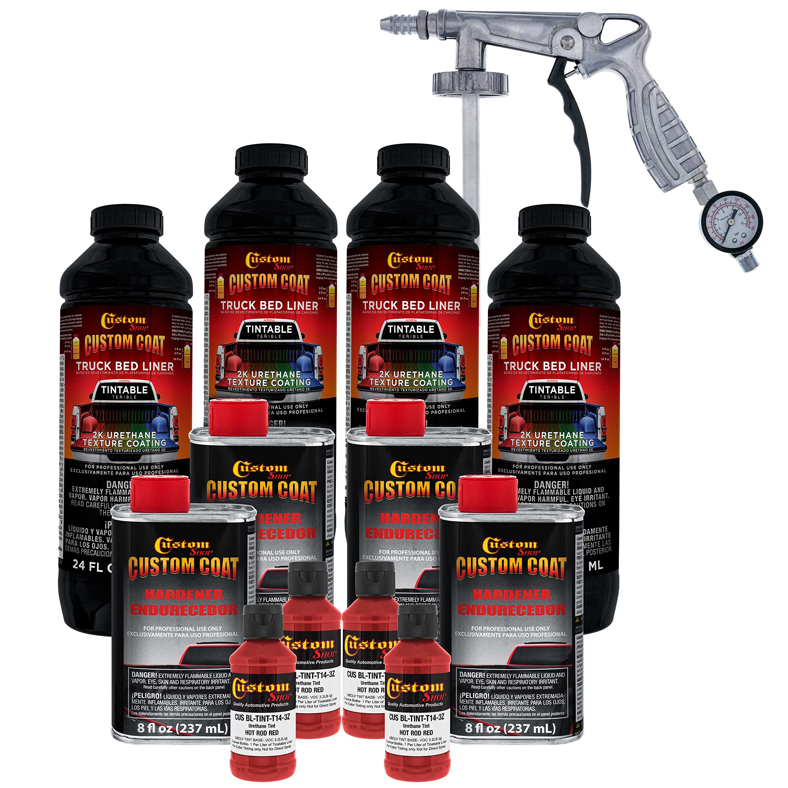 Custom Coat Hot Rod Red 1 Gallon Urethane Spray-On Truck Bed Liner Kit With Spray Gun And Regulator - Easy Mixing, Shake, Shoot