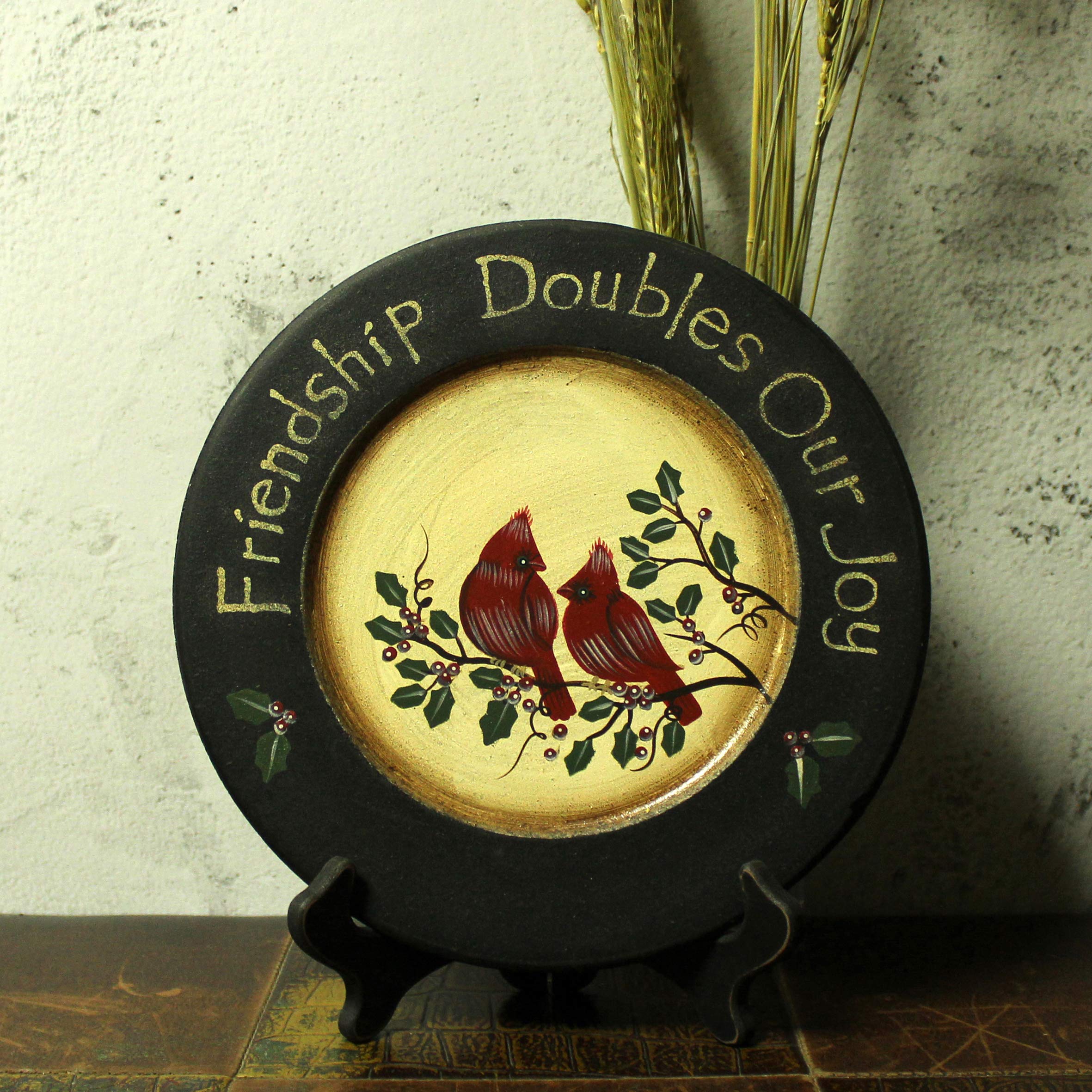 Cvhomedeco. Primitives Hand Painted Red Birds Decorative Plate Rustic Round Display Wooden Plate Home D  Cor Art, 9-3/4 Inch