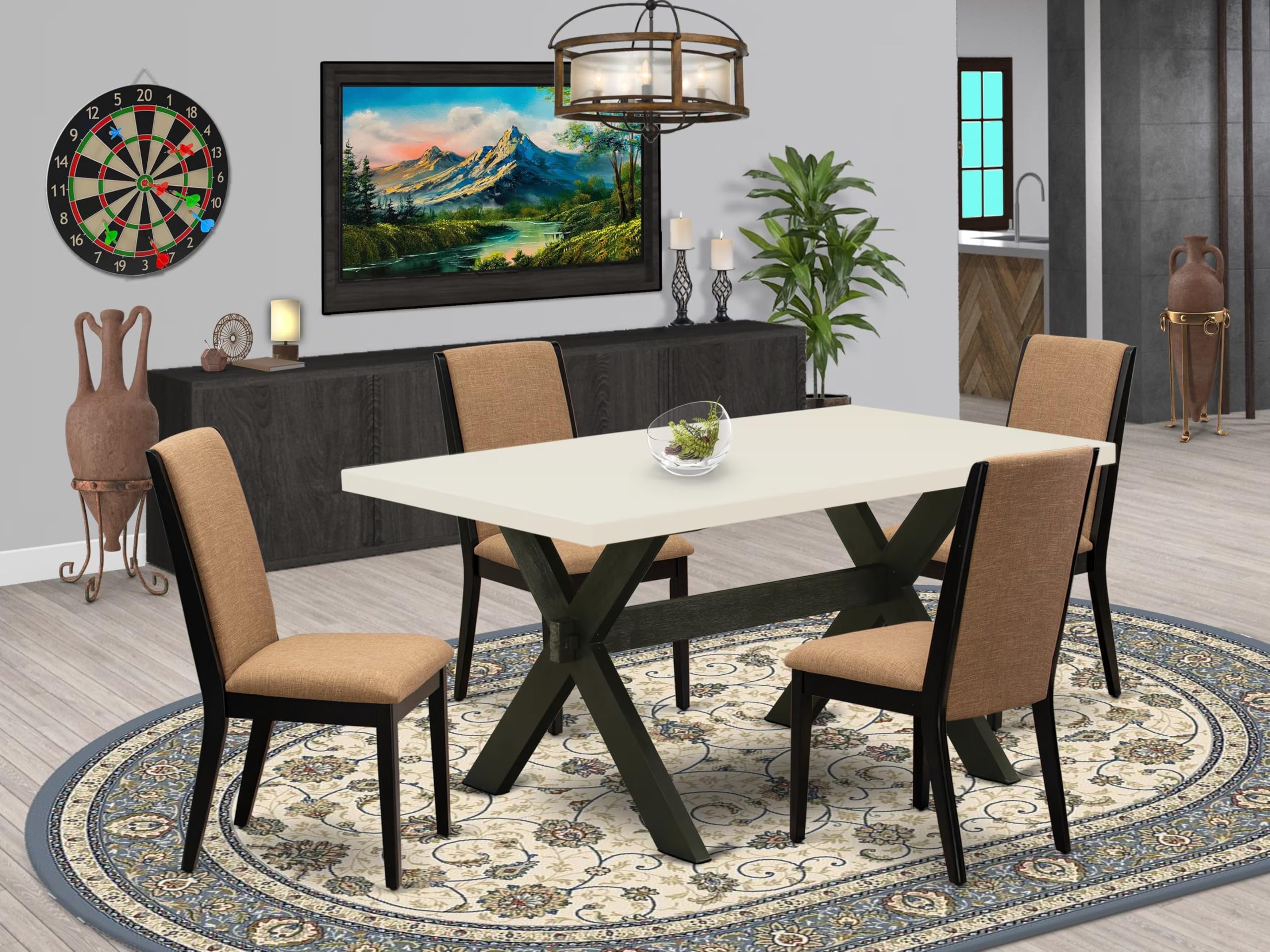 East West Furniture X626La147-5 5 Piece Dining Room Table Set Includes A Rectangle Kitchen Table With X-Legs And 4 Light Sable Linen Fabric Parsons Dining Chairs, 36X60 Inch, Multi-Color