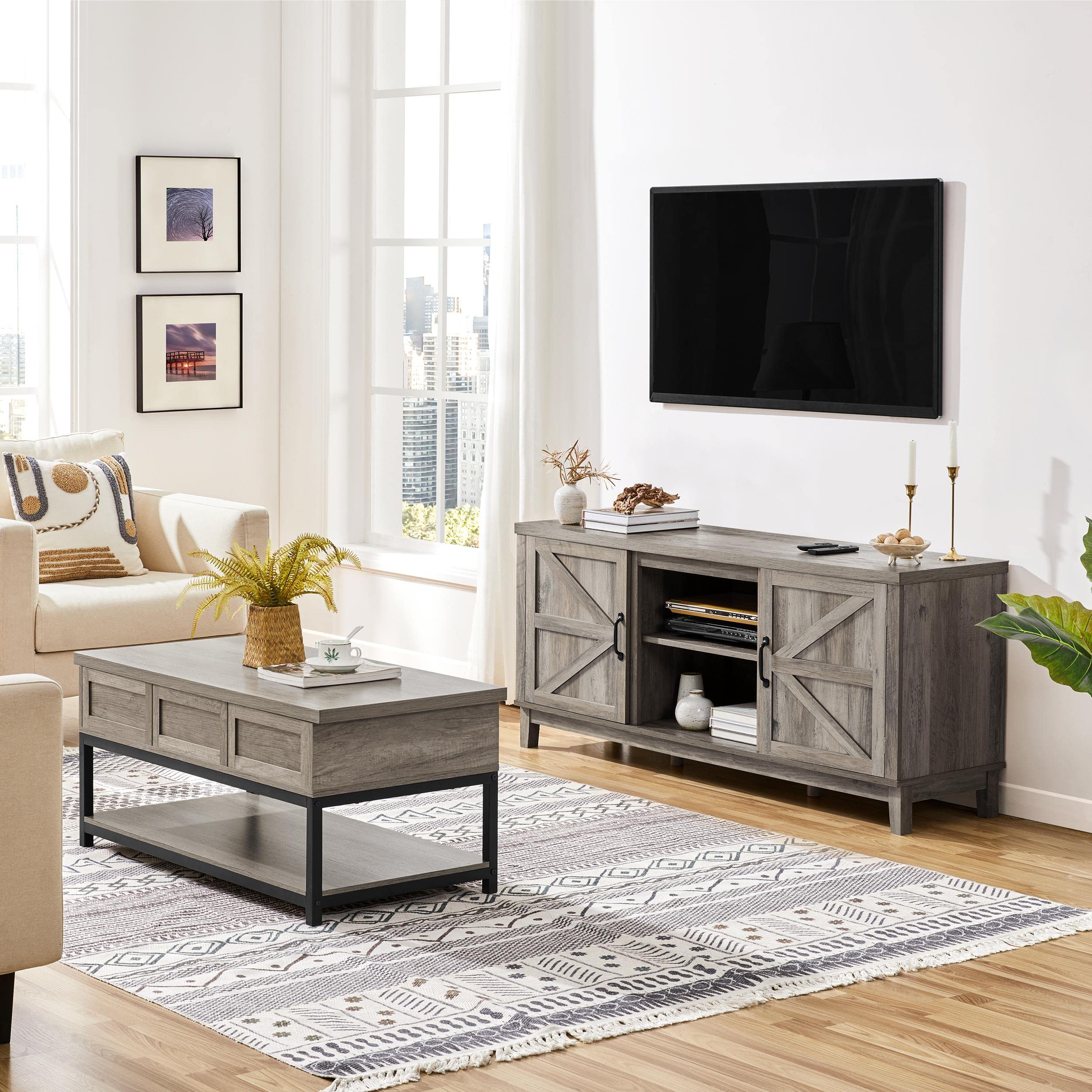 Yaheetech Tv Stand For 65 Inch Tv, Farmhouse Tv Console Table For Living Room, Tall Entertainment Center With Double Barn Doors For Bedroom, Gray