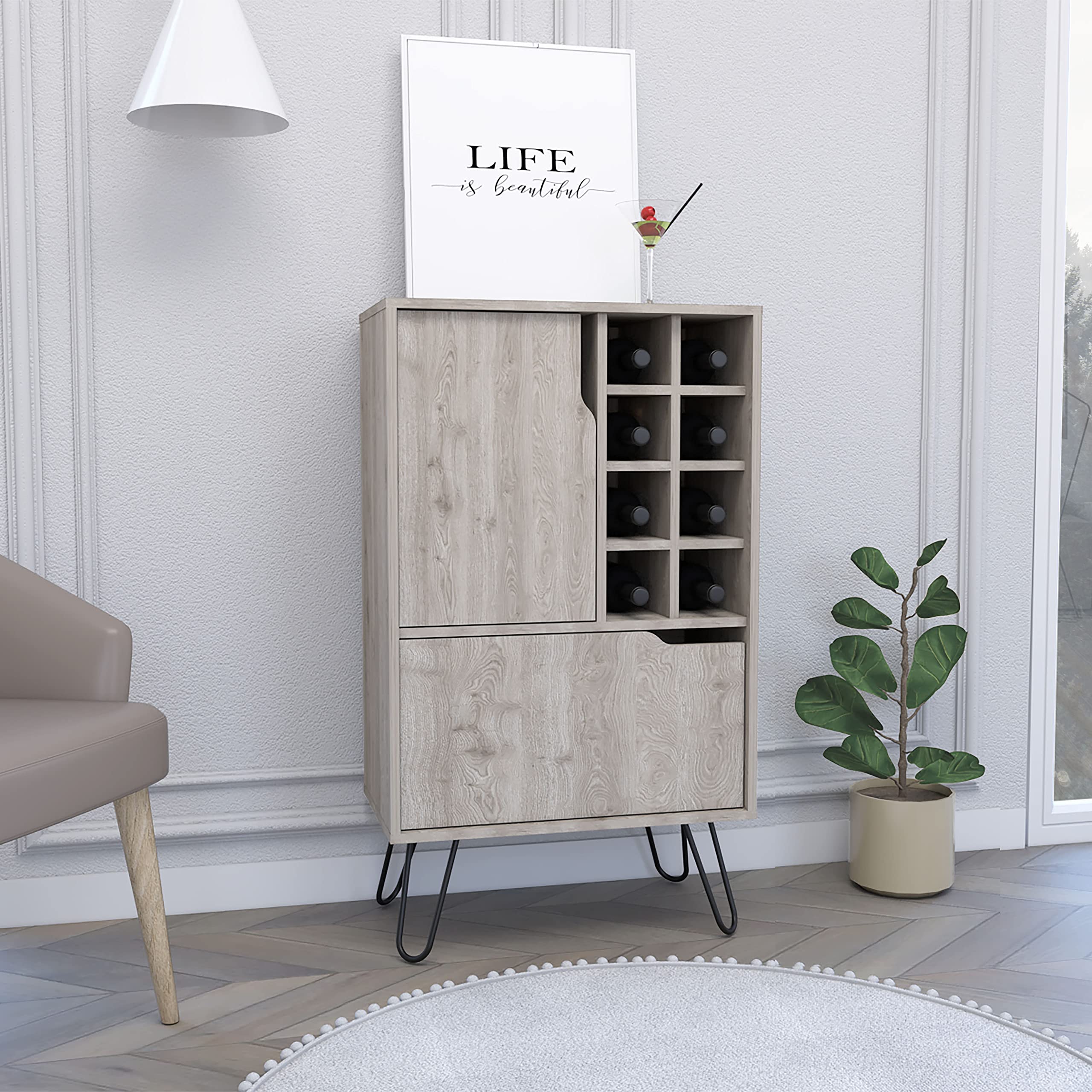 DEPOT E-SHOP Zamna L Bar Single Door Cabinet, 8 Built-in Wine Rack, 4 Legs, Light Gray