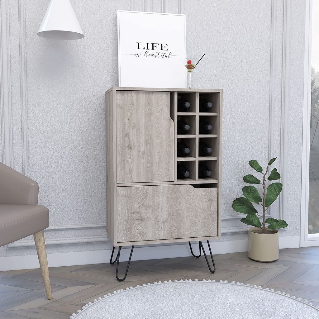 DEPOT E-SHOP Zamna L Bar Single Door Cabinet, 8 Built-in Wine Rack, 4 Legs, Light Gray