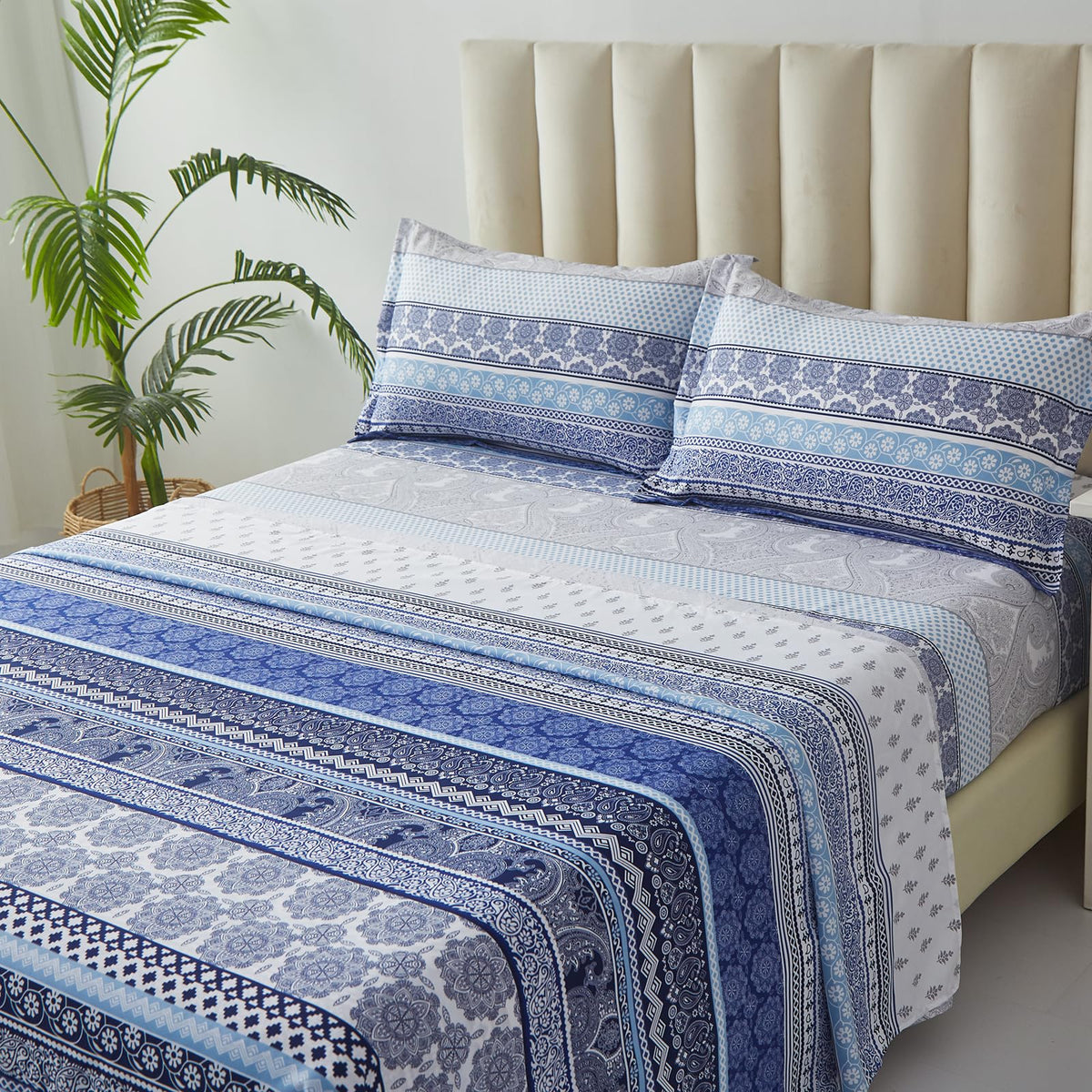 Boho Sheet Set Queen Size Blue Bohemian Striped 4 Piece Bed Sheets 14' Deep Pocket Indian Tribal Mandala Floral Retro Bedding S