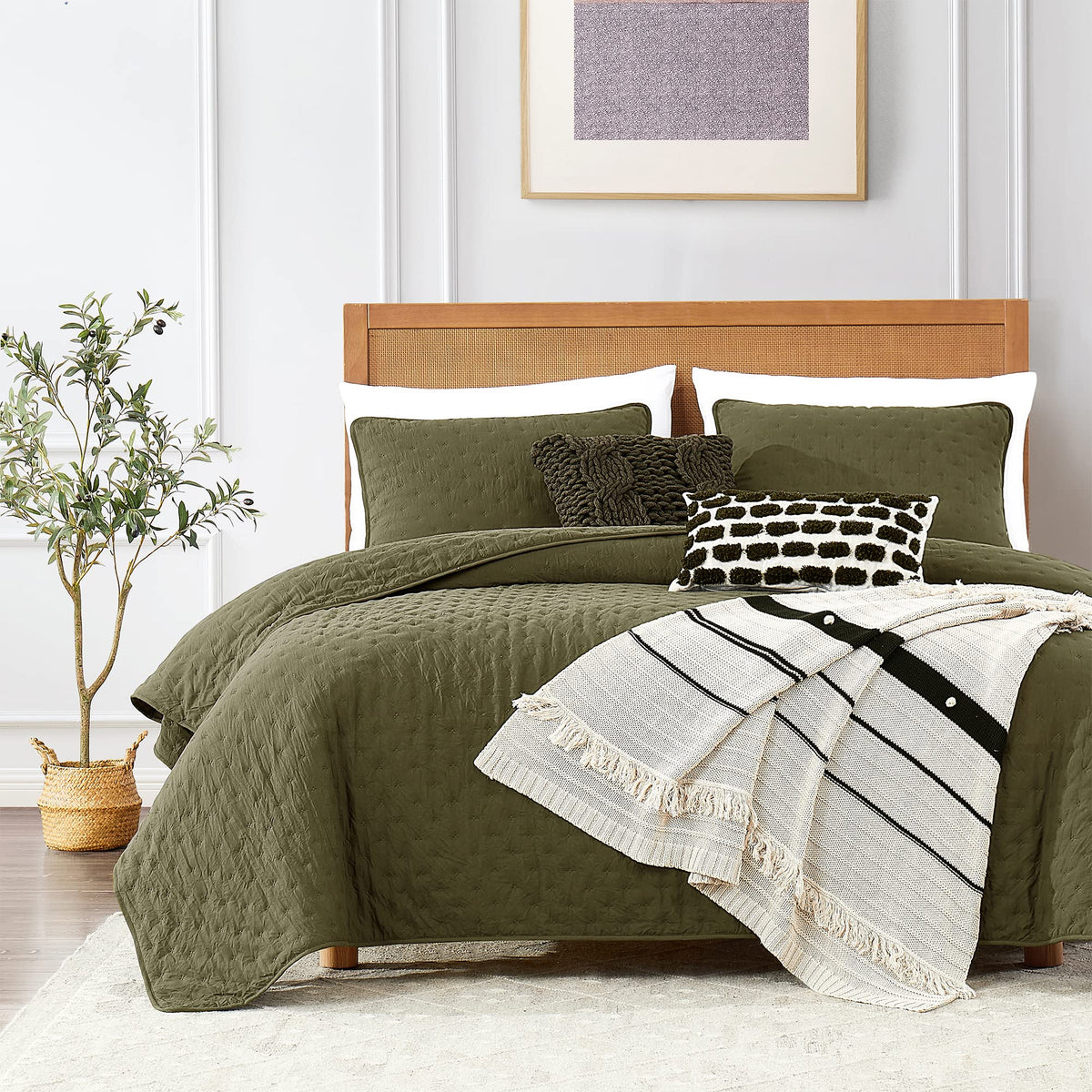 Green Queen Size Quilt Bedding Sets With Pillow Shams, Olive Lightweight Soft Bedspread Coverlet, Sage Quilted Blanket Thin Comf
