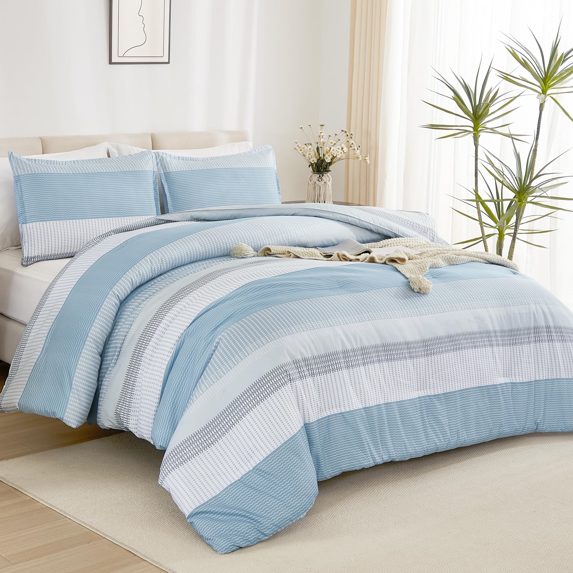 Litanika Light Blue Comforter Queen Size Set, 3 Pieces Bedding Set, Double Blue White Colorblock Stripe (90X90In Comforter, 2 Pi