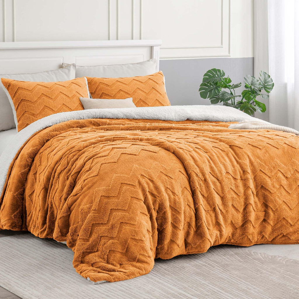 Bedelite Fluffy King Size Comforter Set - Super Soft Sherpa Burnt Orange Comforter For King Size Bed, Luxury Warm Bedding Set Fo