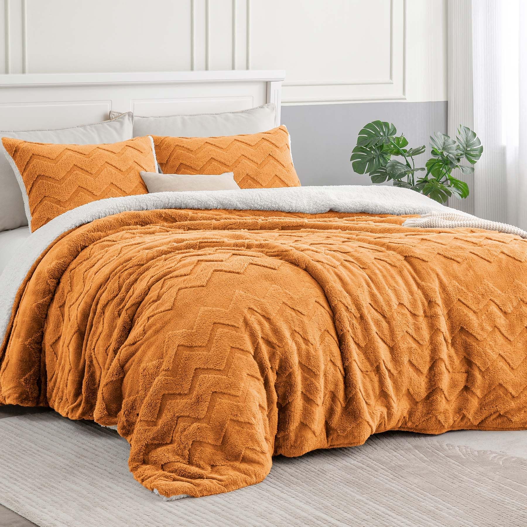 Bedelite Fluffy King Size Comforter Set - Super Soft Sherpa Burnt Orange Comforter For King Size Bed, Luxury Warm Bedding Set Fo