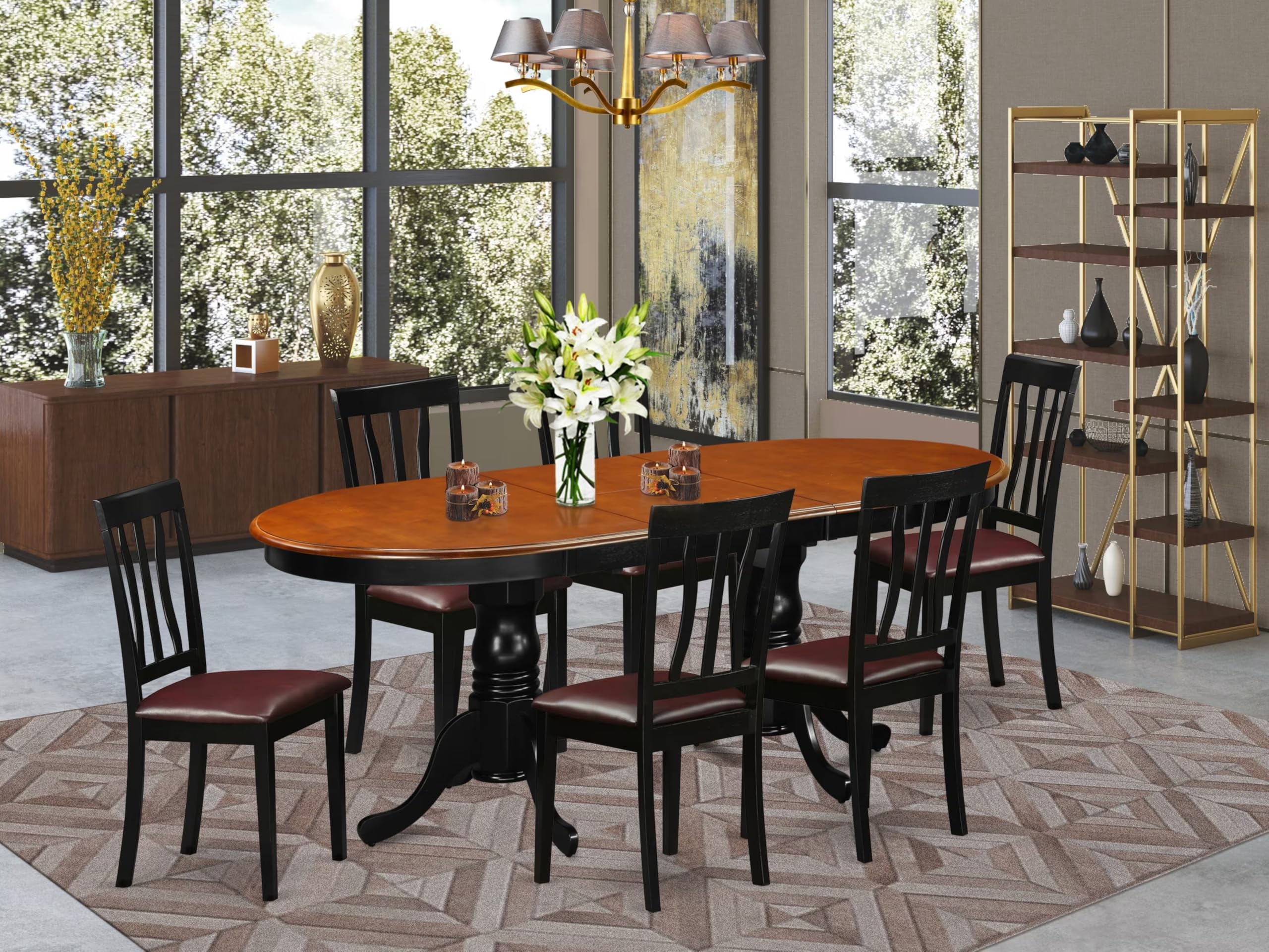 East West Furniture PLAN7-BCH-LC 7 Piece Dining Table Set Consist of an Oval Dining Room Table with Butterfly Leaf and 6 Faux Leather Upholstered Chairs, 42x78 Inch, Black & Cherry