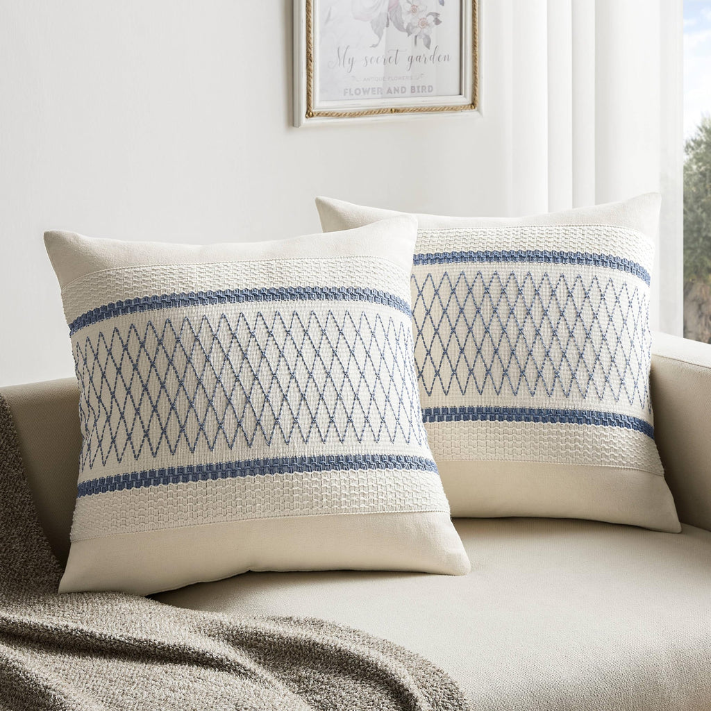 Zeemart 2 Packs Cotton Boho Throw Pillow Covers 16X16 Inch Grid Blue, Soft Farmhouse Decorative Couch Pillow Cases Blue Cushion Covers For Sofa Bed Living Room Home Decor ?