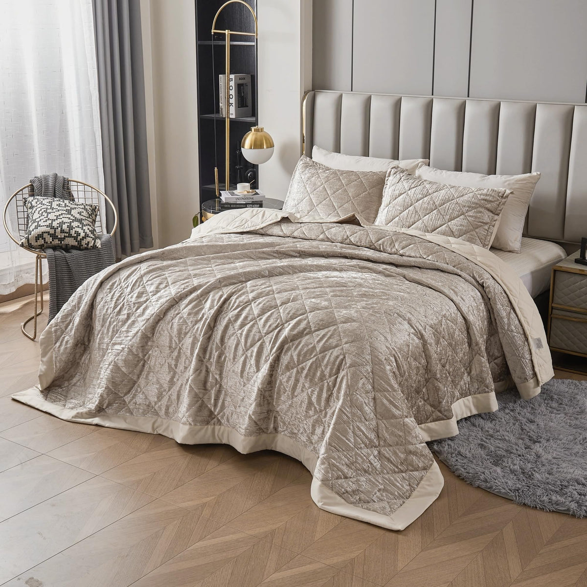 Luckybull Champagne Korean Velvet Quilt Set King Xl Size, 3 Pieces Luxury Textured Soft Bedspread (104X96 Inch) With 2 Pillowcas