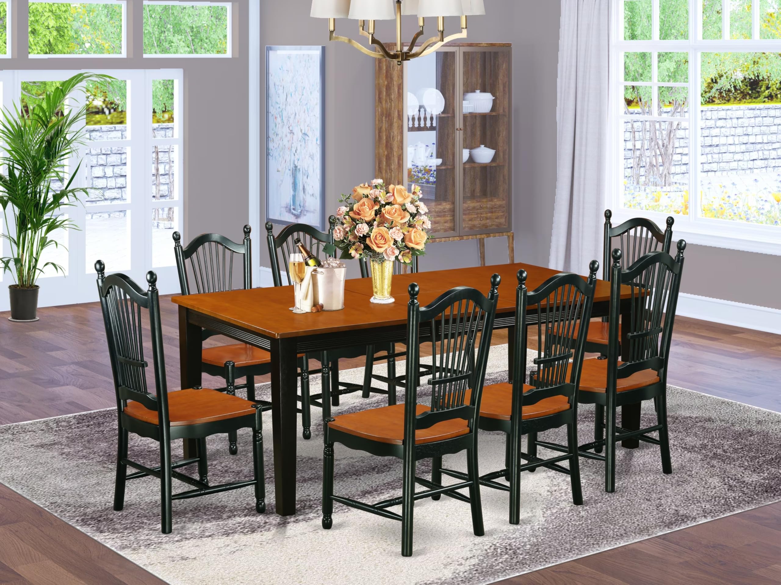East West Furniture QUDO9-BCH-W 9 Piece Dining Table Set Includes a Rectangle Dining Room Table with Butterfly Leaf and 8 Wooden Seat Chairs, 40x78 Inch, Black & Cherry