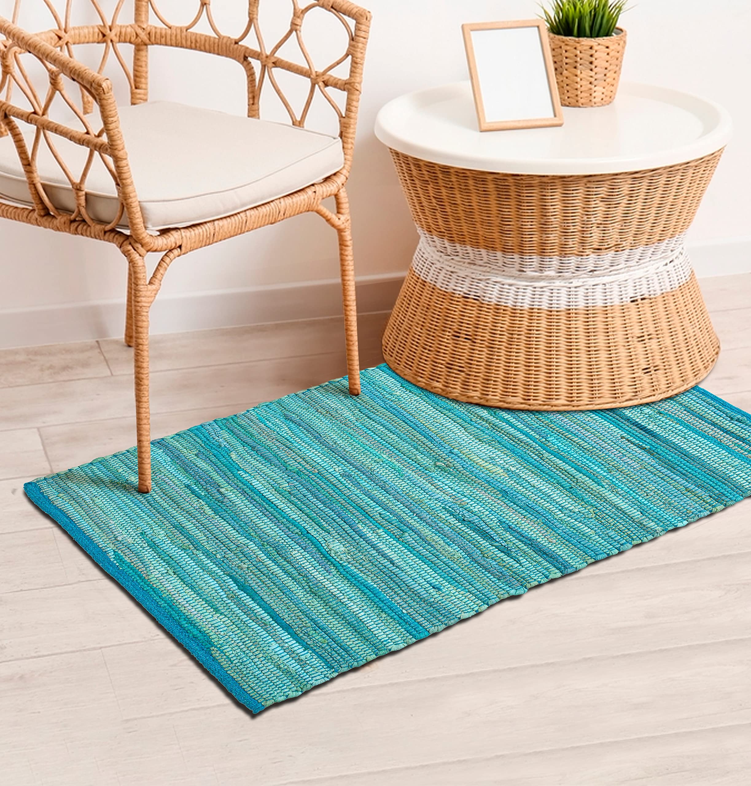 100% Cotton Rag Rug 2x3 - Multicolor Chindi Rug - Hand Woven & Reversible for Living Room Kitchen Entryway Rug - Teal,Kitchen R