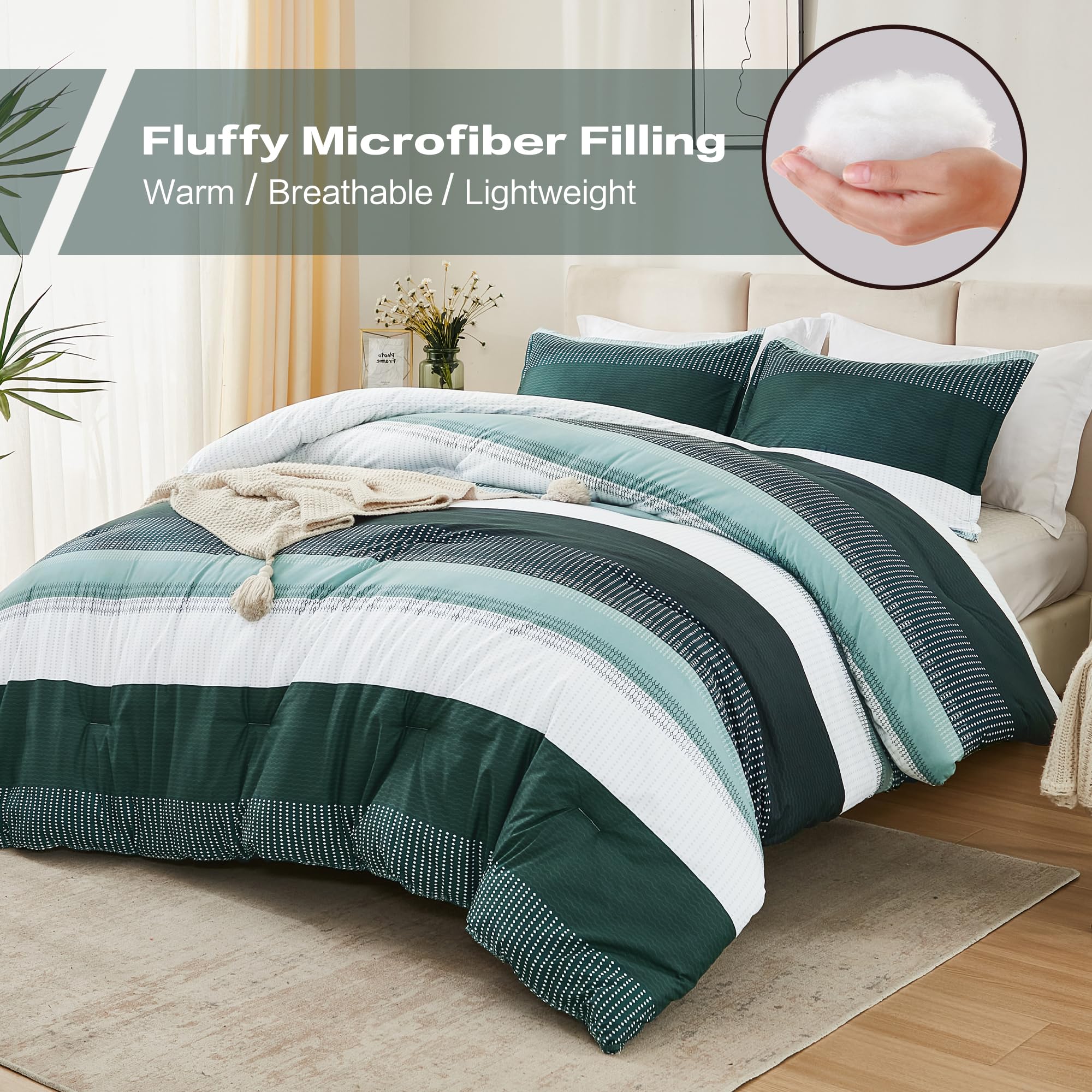 Litanika Dark Emerald Green Bed Comforter Full Set, 3 Pieces Hunter Green Bedding Set, Colorblock Stripe Vintage Style (79X90In