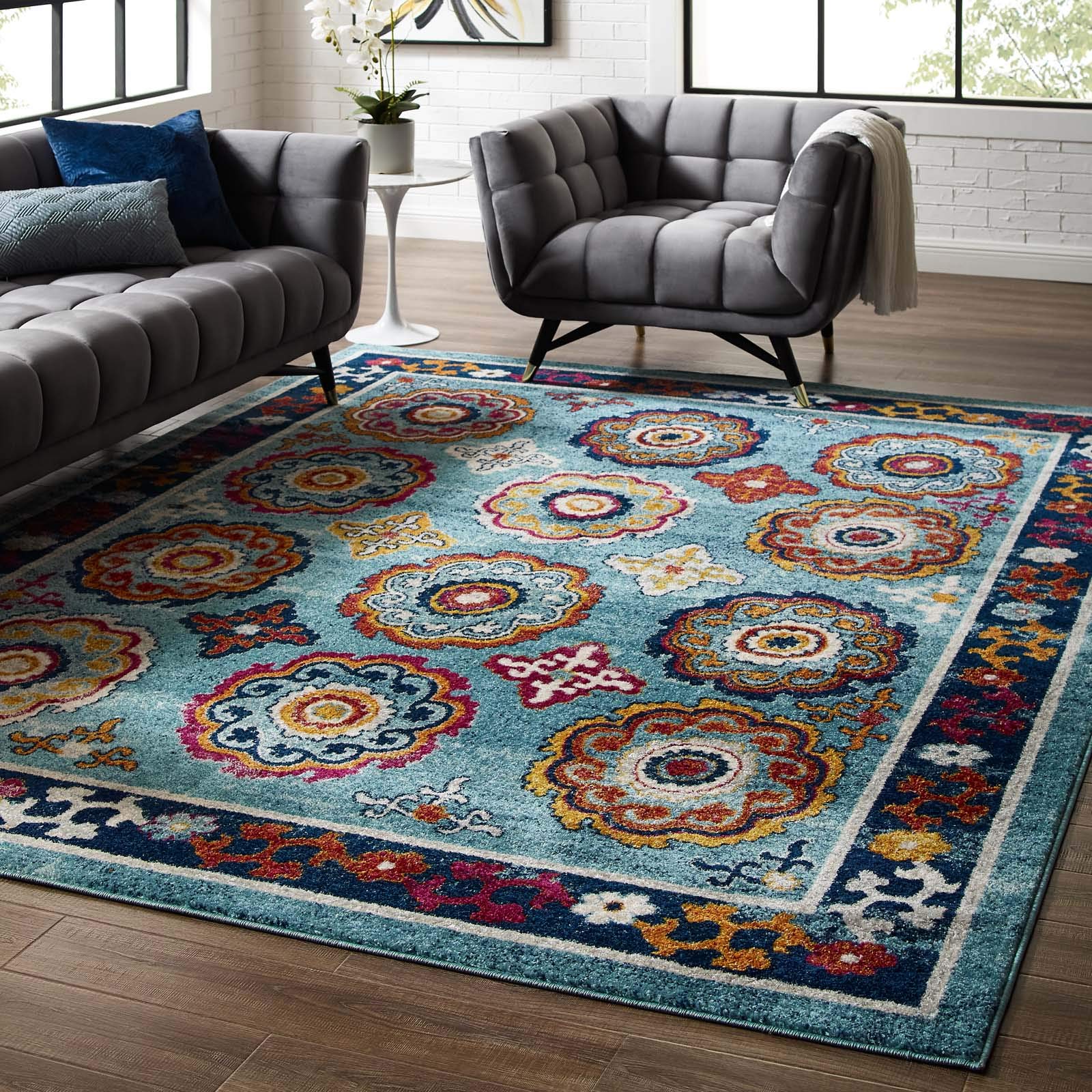 Modway Entourage Odile Transitional Distressed Vintage Floral Moroccan Trellis 8X10 Area Rug, Blue, Red, Orange Yellow