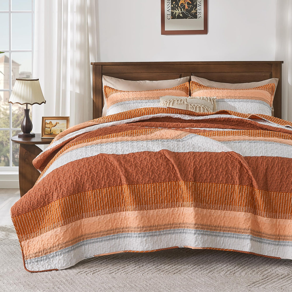 Andency Orange Quilt Cal King(104X112Inch), 3 Pieces (1 Striped Quilt And 2 Pillowcases) Patchwork Striped Bedspread Coverlet Se
