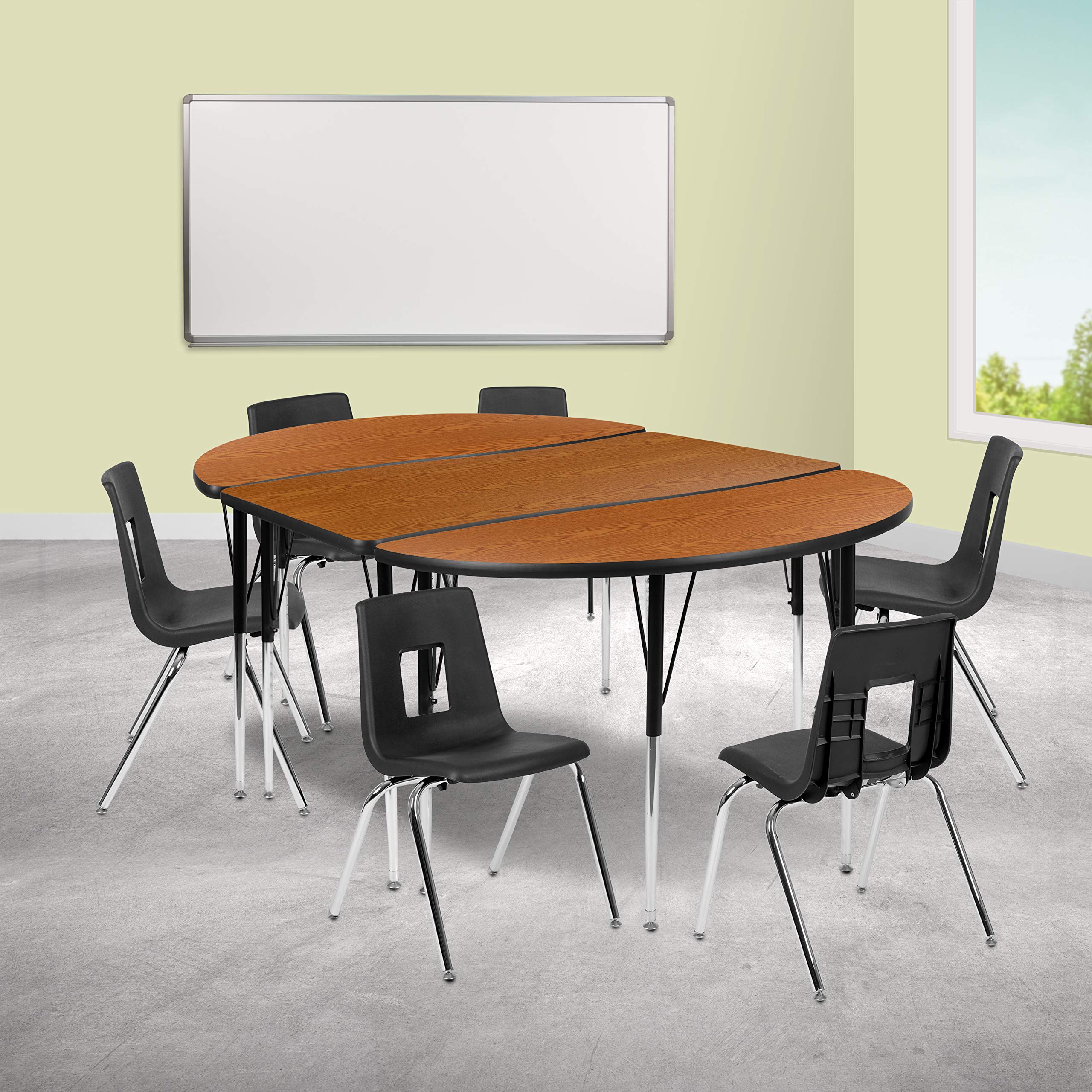 Flash Furniture 76' Oval Wave Collaborative Laminate Activity Table Set With 18' Student Stack Chairs, Oak/Black