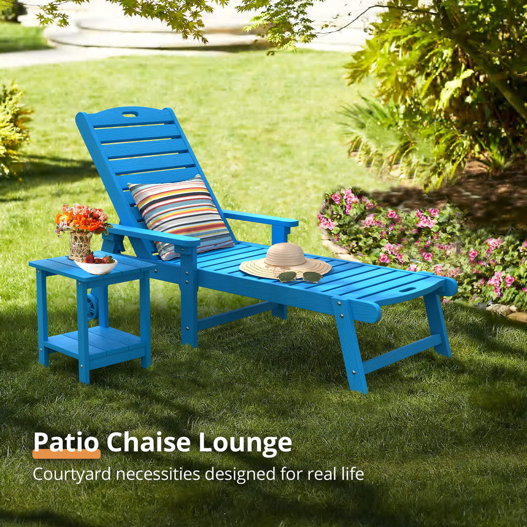 Lue Bona Chaise Lounge Chairs Set With Table, 6-Piece, Hdps Material, 3-Year Warranty, Patio Lounge Chair With Adjustable Backrest, Resin Pool Lounge Chairs With Wheels For Outside, Poolside, Blue