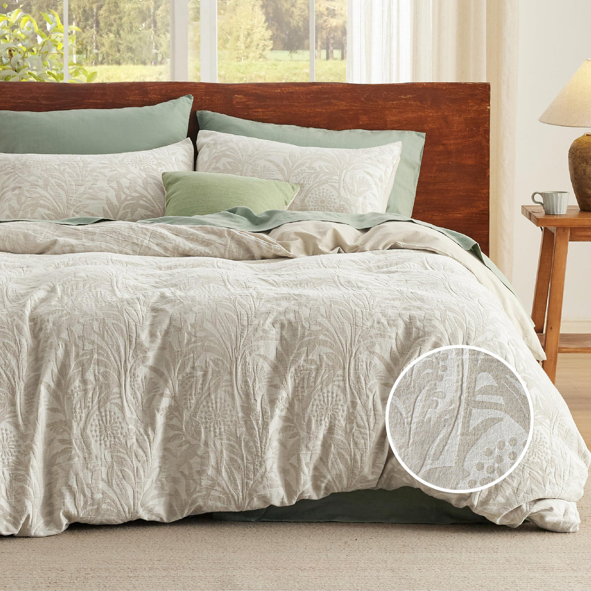 Bedsure Linen Duvet Cover Queen - Linen Cotton Blend Bedding Set, Tropical Plants Beige Color Cooling Bedding, Soft & Cozy, 3 Pi