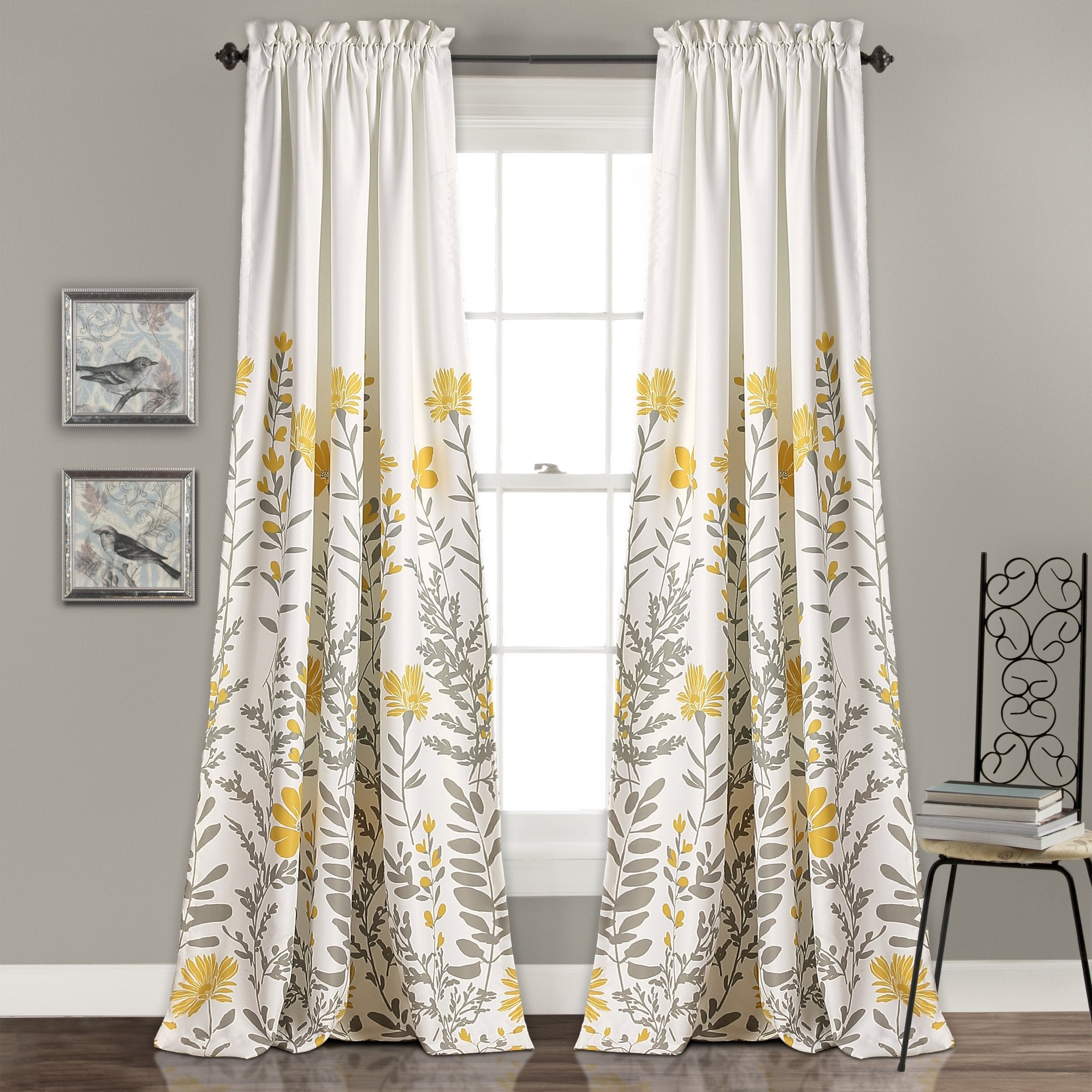 Lush Decor Aprile Light Filtering Window Curtain Panels, Pair, 52'W X 84'L, Yellow & Gray - Floral Curtains - Pretty Yellow Fl