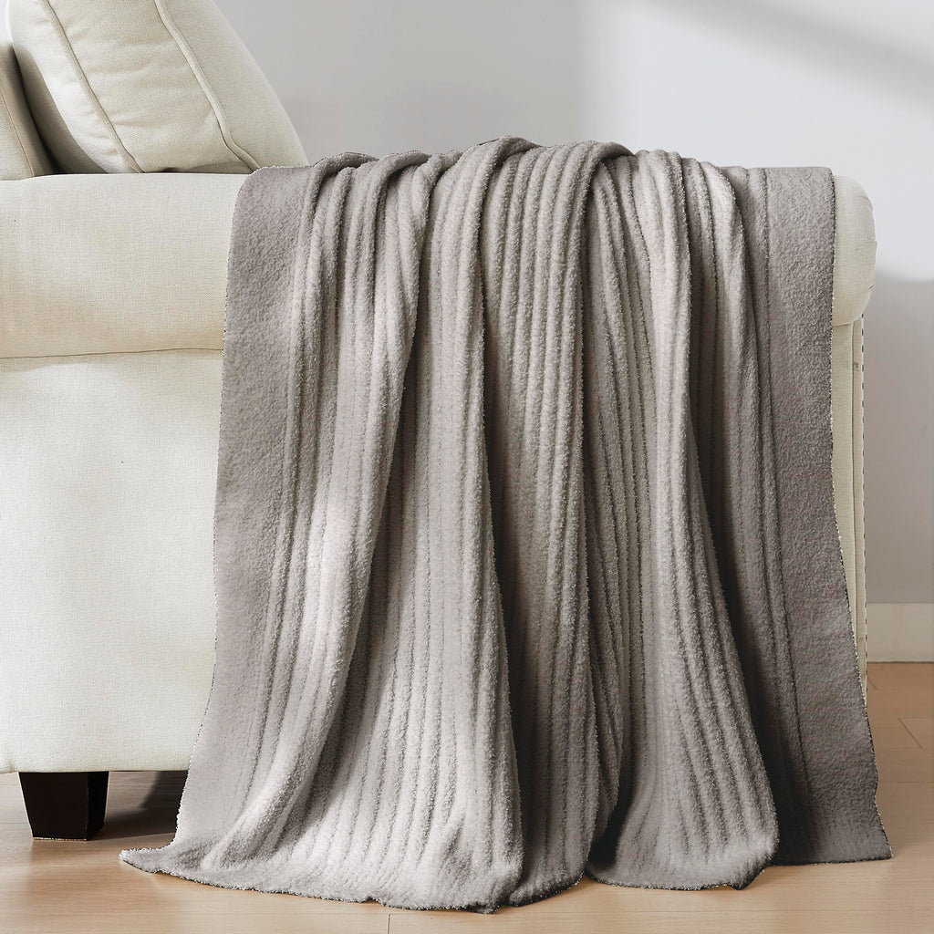 R.Share Grey Ribbed Throw Blanket 50X70 Inch Reversible, Feather Knit Microfiber Soft Comfy Cozy Lightweight Fluffy Fuzzy Warm C