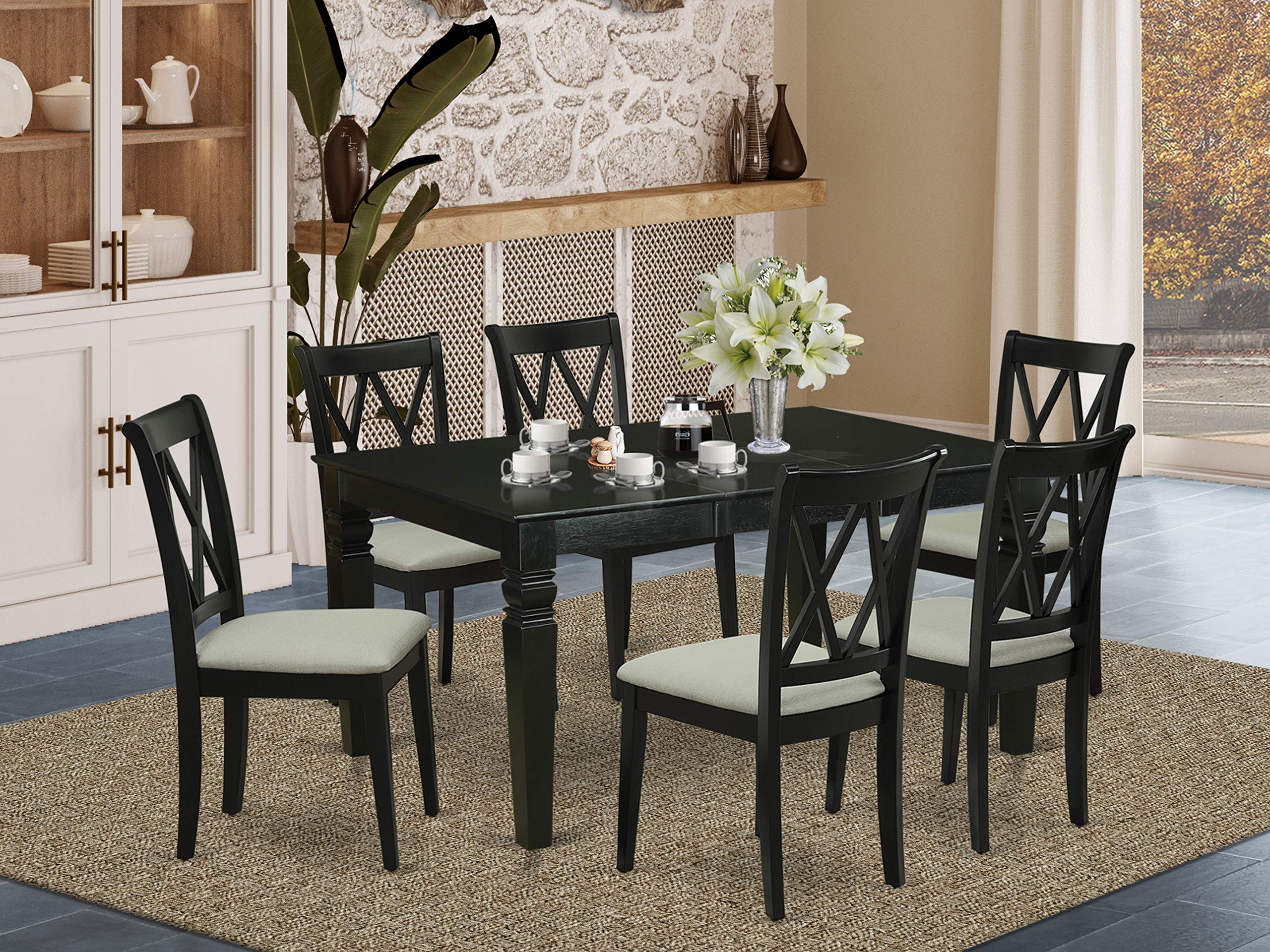 East West Furniture Wecl7-Blk-C 7 Piece Set Consist Of A Rectangle Dining Room Table With Butterfly Leaf And 6 Linen Fabric Upholstered Chairs, 42X60 Inch