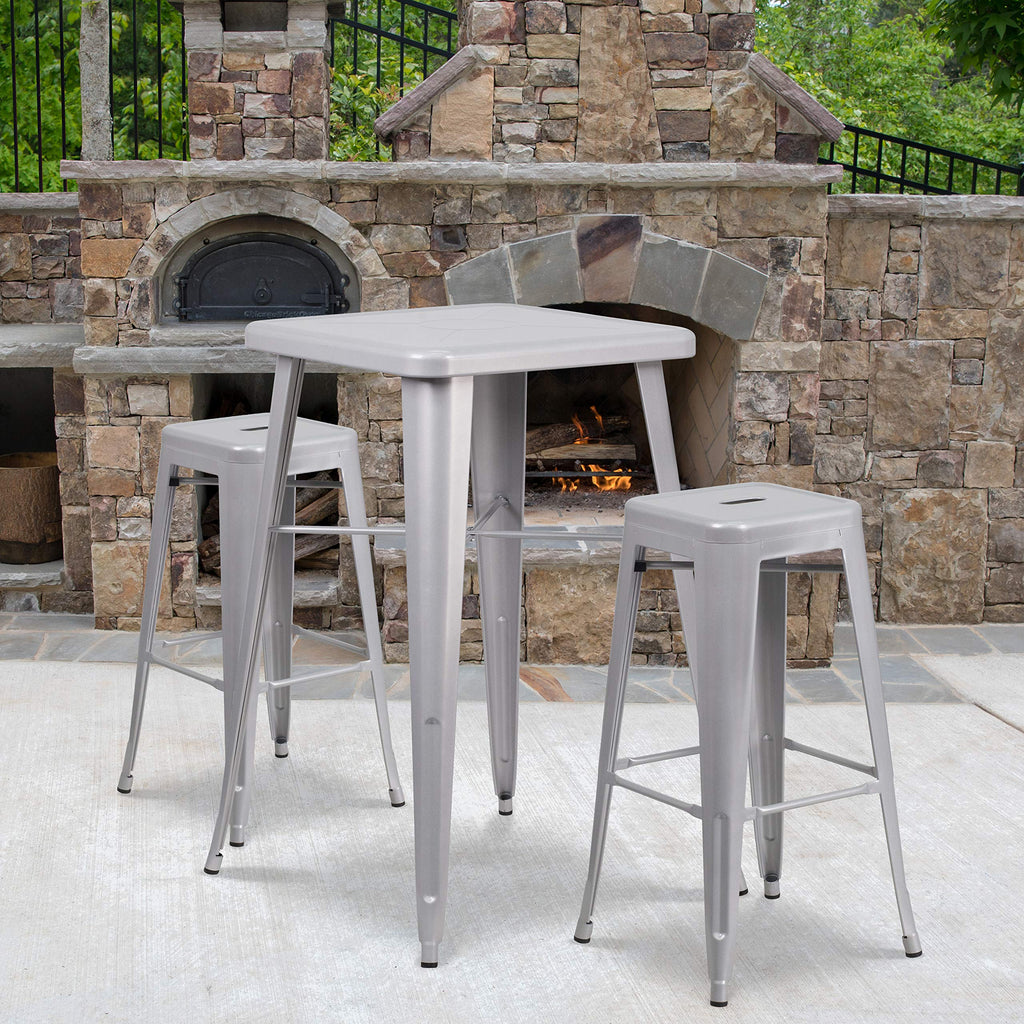 Flash Furniture Stone Commercial Grade 23.75" Square Silver Metal Indoor-Outdoor Bar Table Set with 2 Square Seat Backless Stools