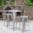 Flash Furniture Stone Commercial Grade 23.75" Square Silver Metal Indoor-Outdoor Bar Table Set with 2 Square Seat Backless Stools